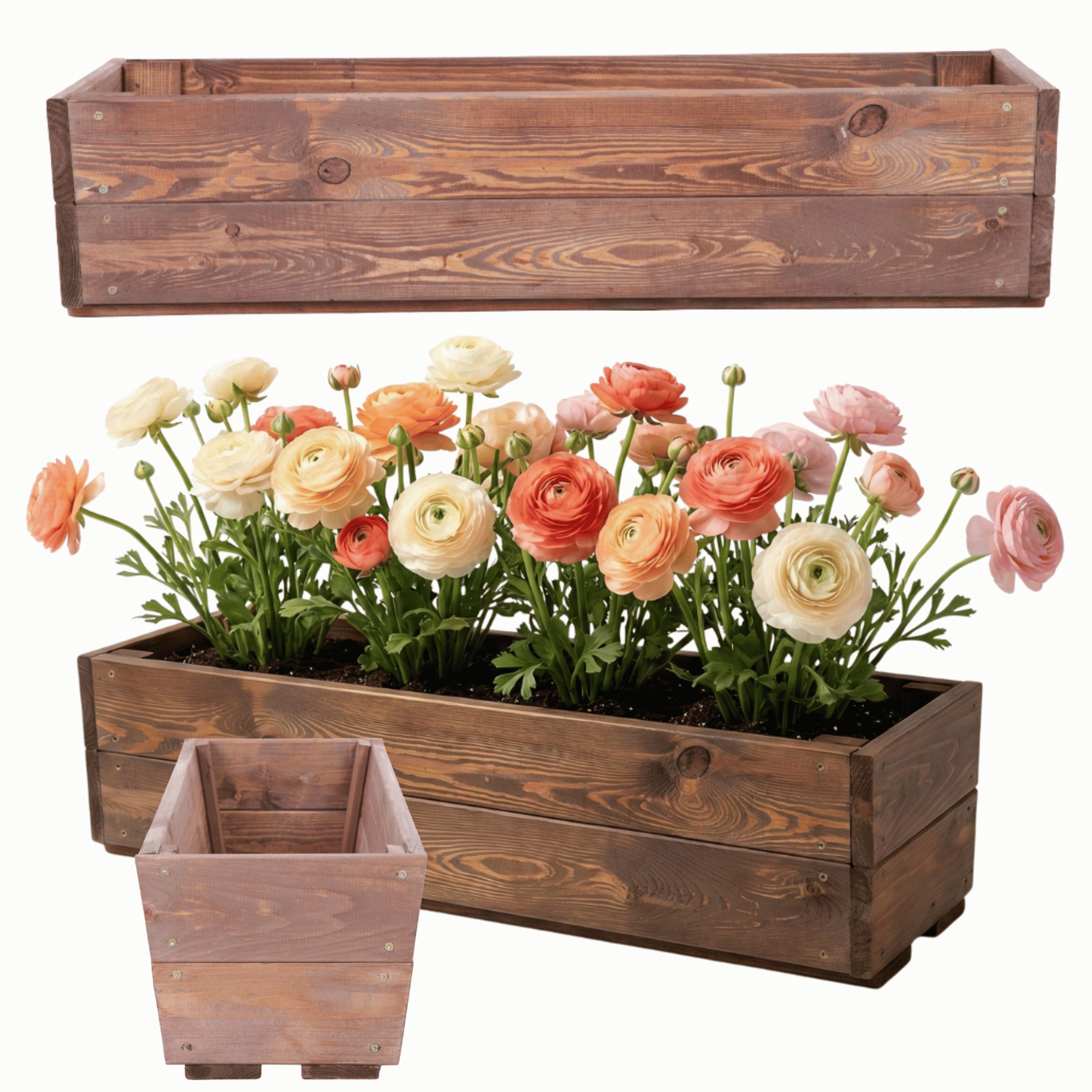 Modo24 Blumenkasten Pflanzkasten aus Holz, Pflanzkübel für Kräuter, Kiefernholz (rechteckiger, für Balkon und Fensterbank), Wetterfest, Stabil & Dekorativ, 3 Größen, 4 Farben