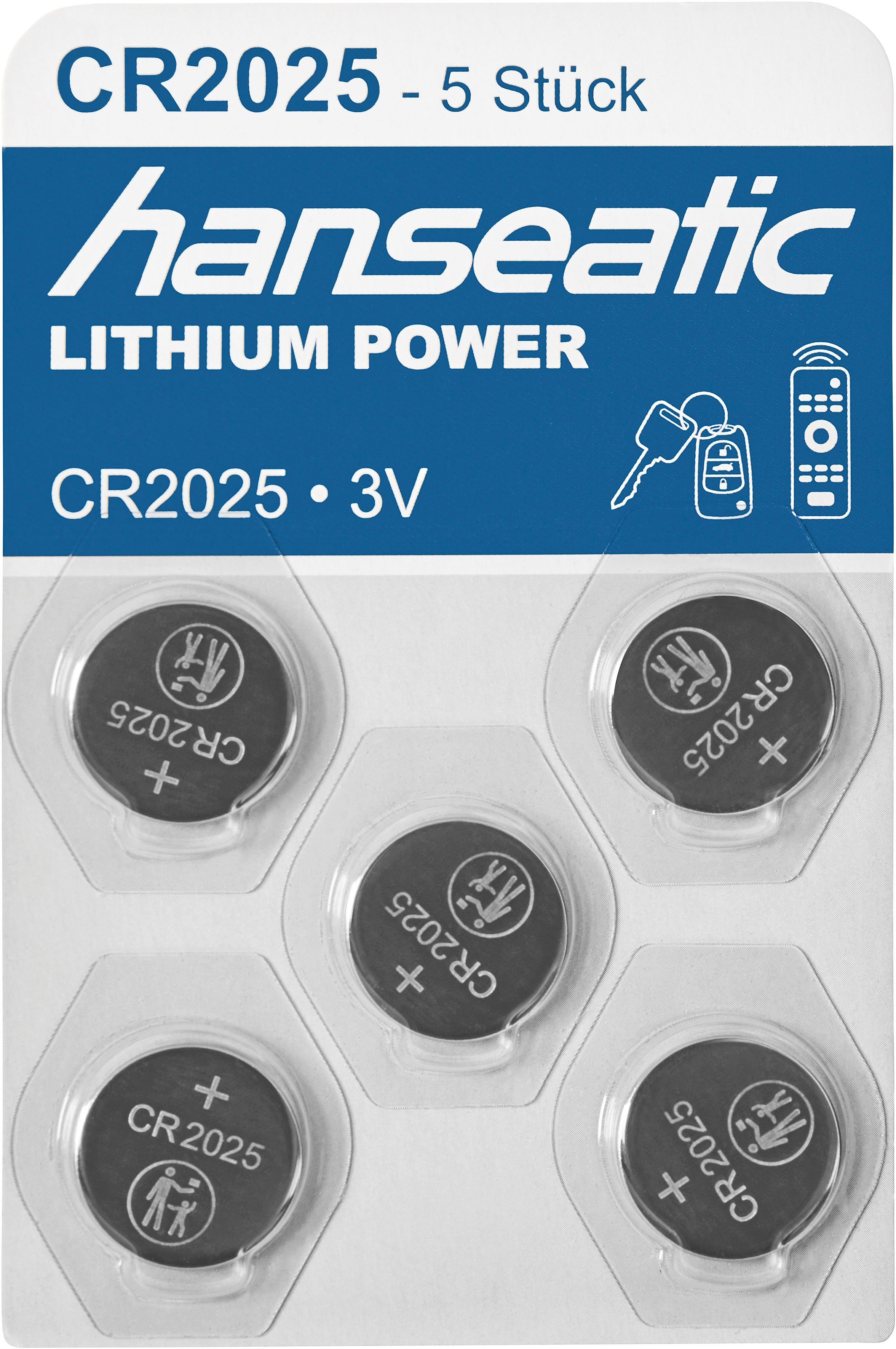 Hanseatic 5er Pack Lithium Batterie Knopfzelle, CR2025 (3 V, 5 St), bis zu 5 Jahren Lagerfähigkeit