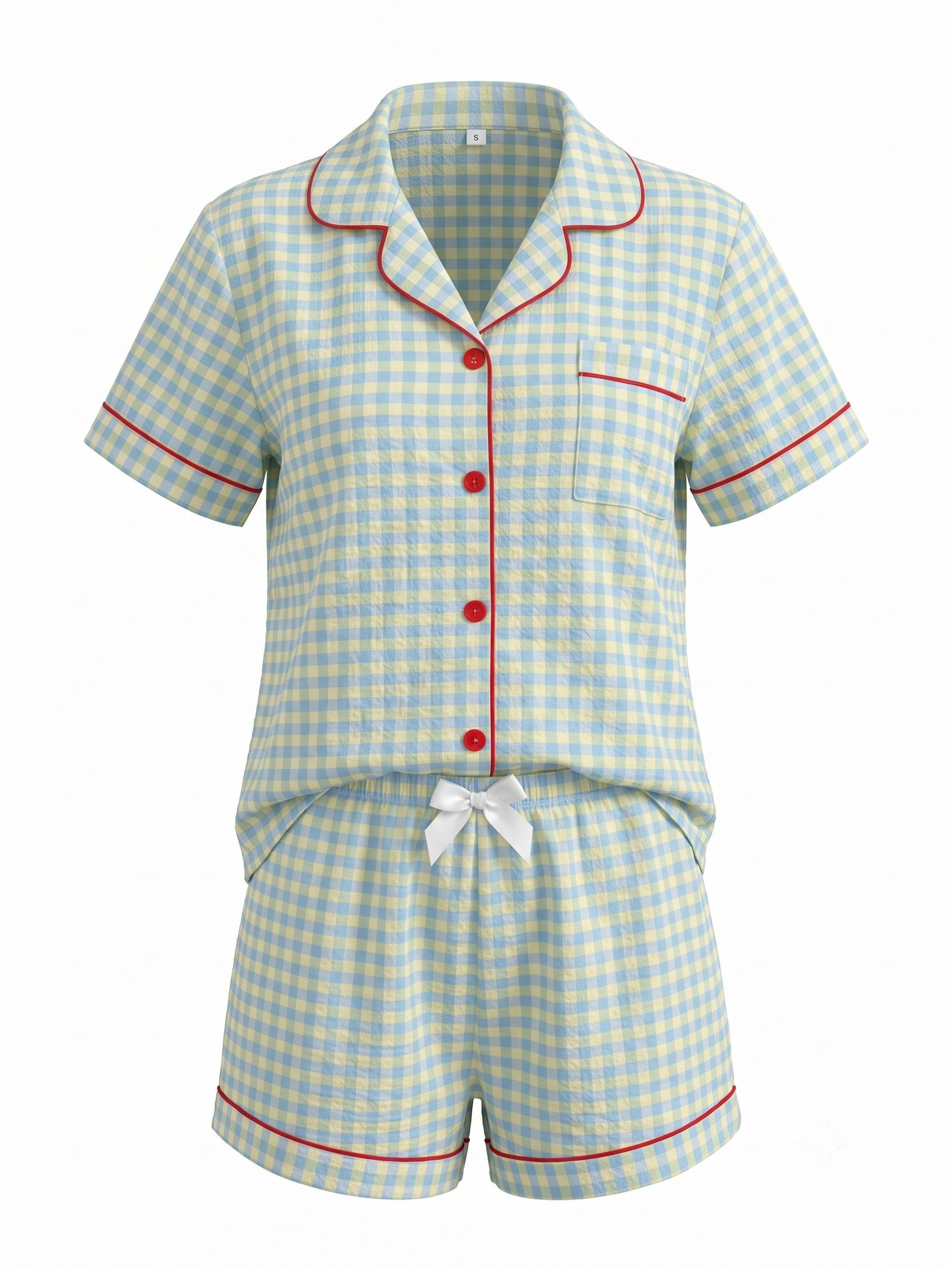 Elegant Love Shorty Pyjama Damen Nachtwäsche-Set kariert mit Knopfleiste und Shorts (Set, 2 tlg., Oberteil und kurze Schlafhose) Schlafanzug-Set mit Reverskrage – Bild 2 von 5