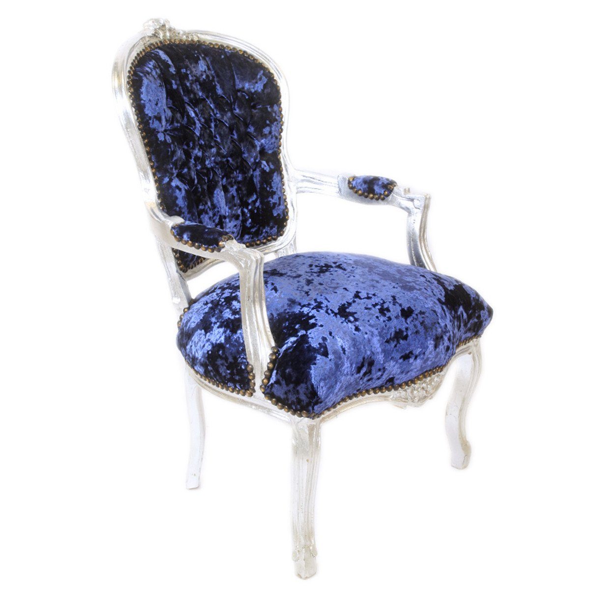 Design Royalblau Möbel Besucherstuhl Casa - Velour Stuhl Antik / Silber Padrino Salon Stoff Barock