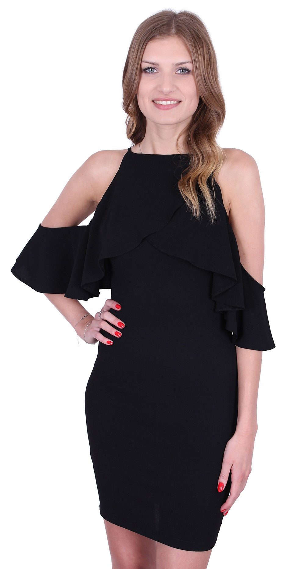 Minikleid John Zack Schwarzes Bleistift-Minikleid mit Rüschen M