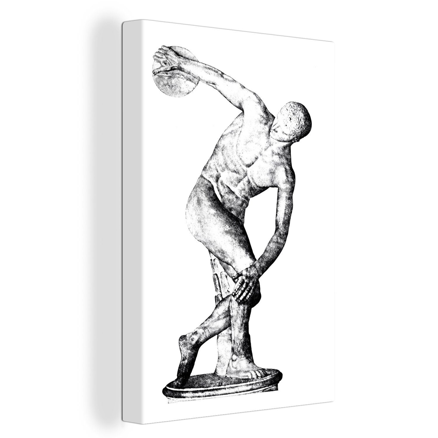 einer (1 Leinwandbild geschnitzten Illustration bespannt Leinwandbild OneMillionCanvasses® Gemälde, fertig St), inkl. Statue Zackenaufhänger, 20x30 cm Diskuswerfer, namens