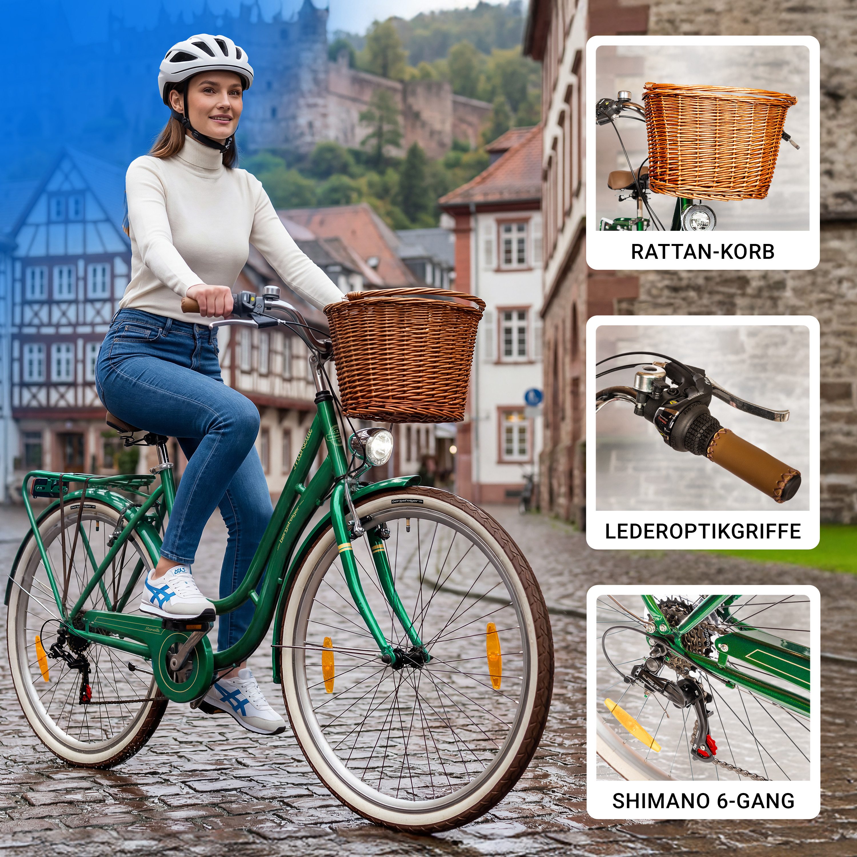 bergsteiger Cityrad Marseille 26 Zoll, 28 Zoll Damenfahrrad, ab 150 cm, Korb aus Rattan, 6 Gang, Kettenschaltung, V-Bremsen