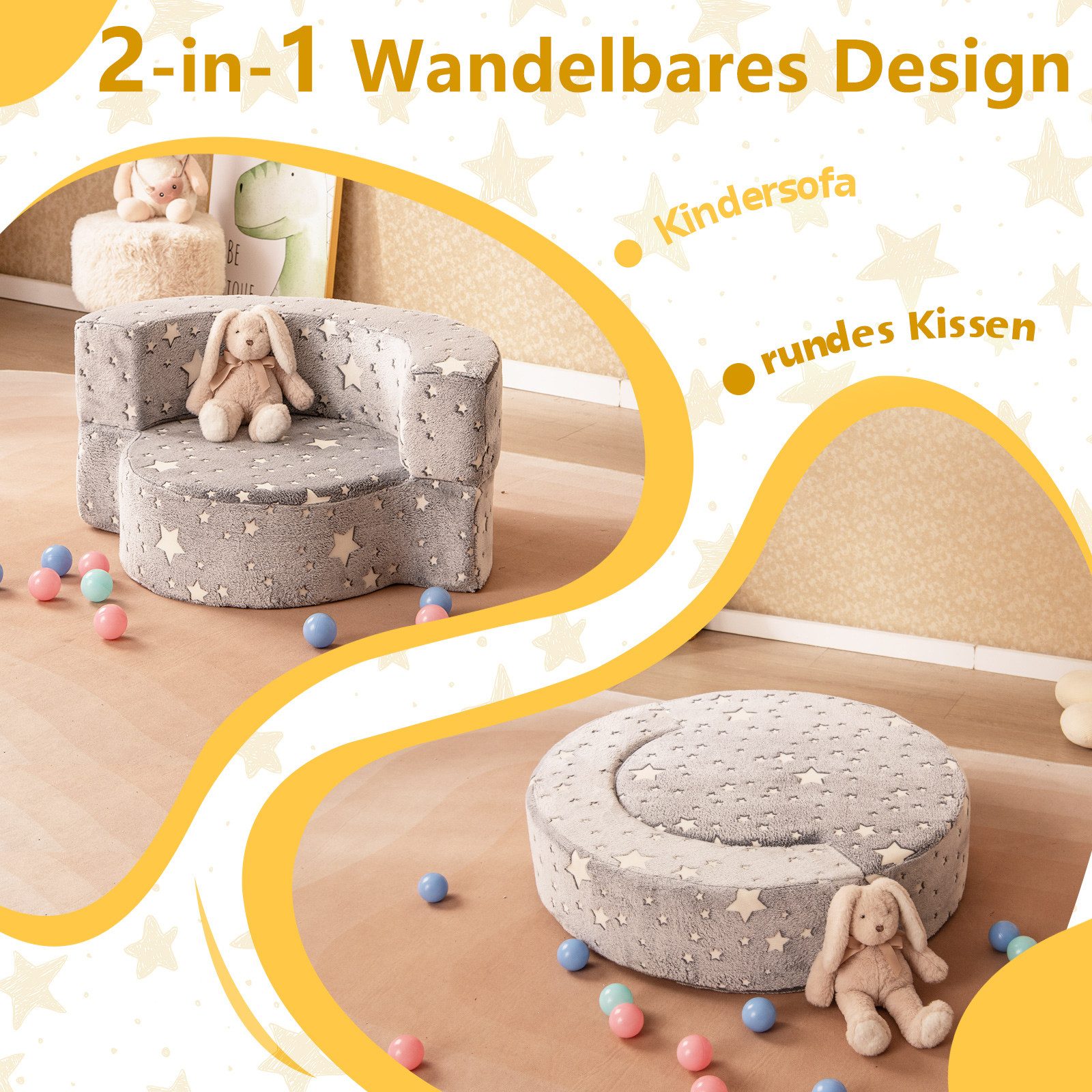COSTWAY Kindersofa, 2 in 1 leuchtendes Kindersessel