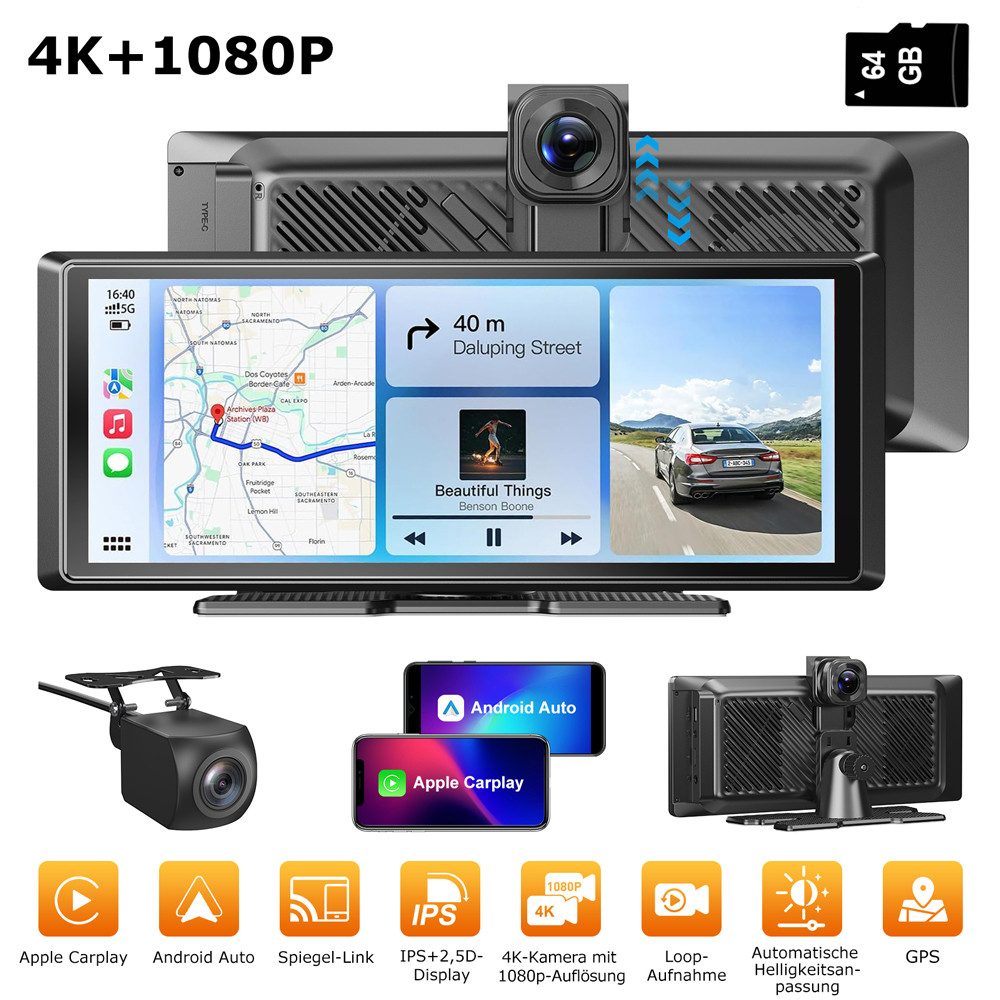 ESSGOO 8,1 Zoll 4K+1080P Carplay Android Auto BT Dashcam Autoradio Dashcam (HD, Tragbar Autoradio Rückfahrkamera IPS Touchscreen GPS Navi FM AUX)