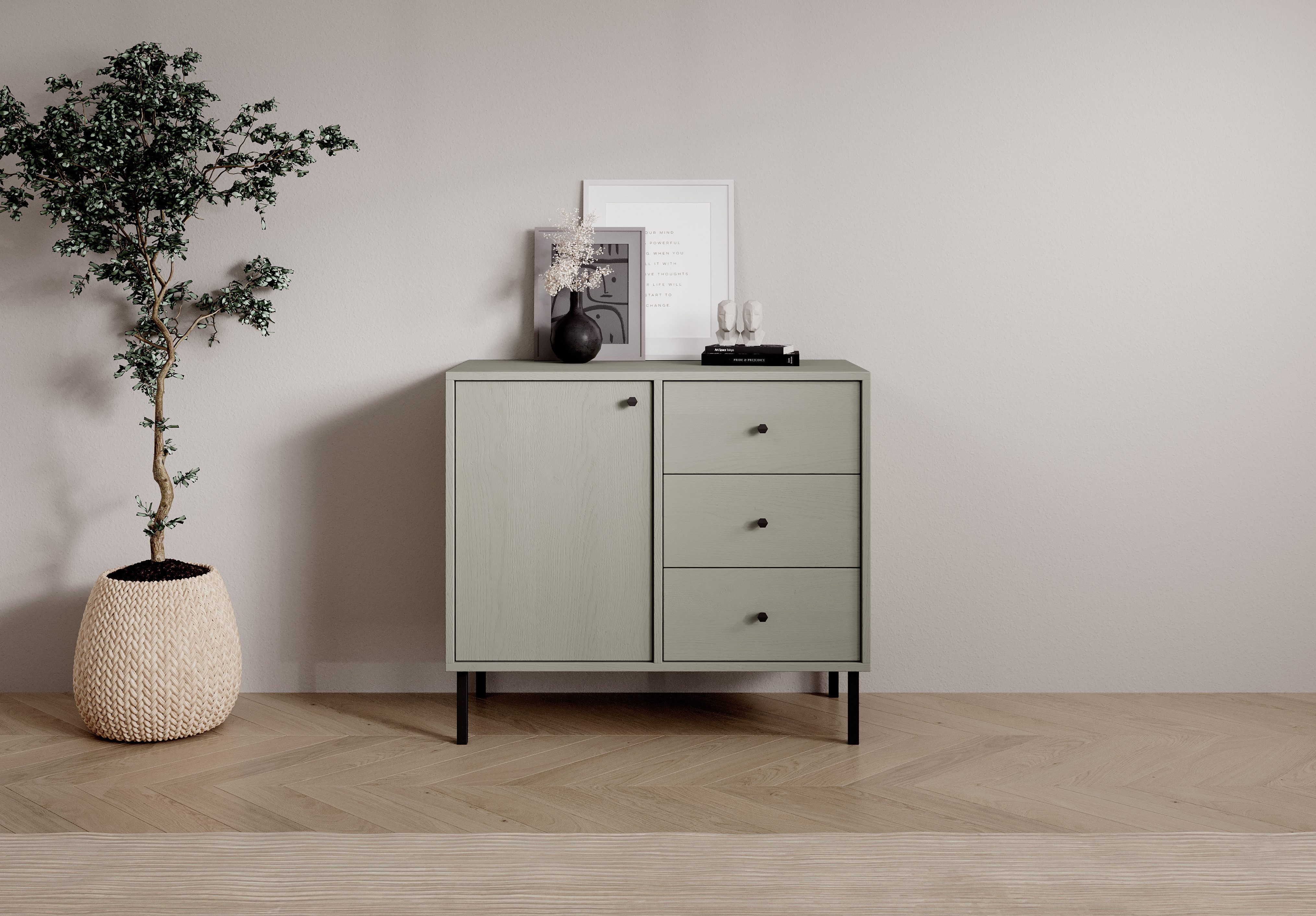 MOEBLO Kommode FREYA 1D 3S (Modernes Sideboard mit Schubladen & Tür, Highboard Wohnzimmer & Schlafzimmer, Metallfüße, Sideboard Wohnzimmer Kommode Schlafzimmer Komodenschrank), (BxHxT): 83,6 x 73,9 x 40,8 cm