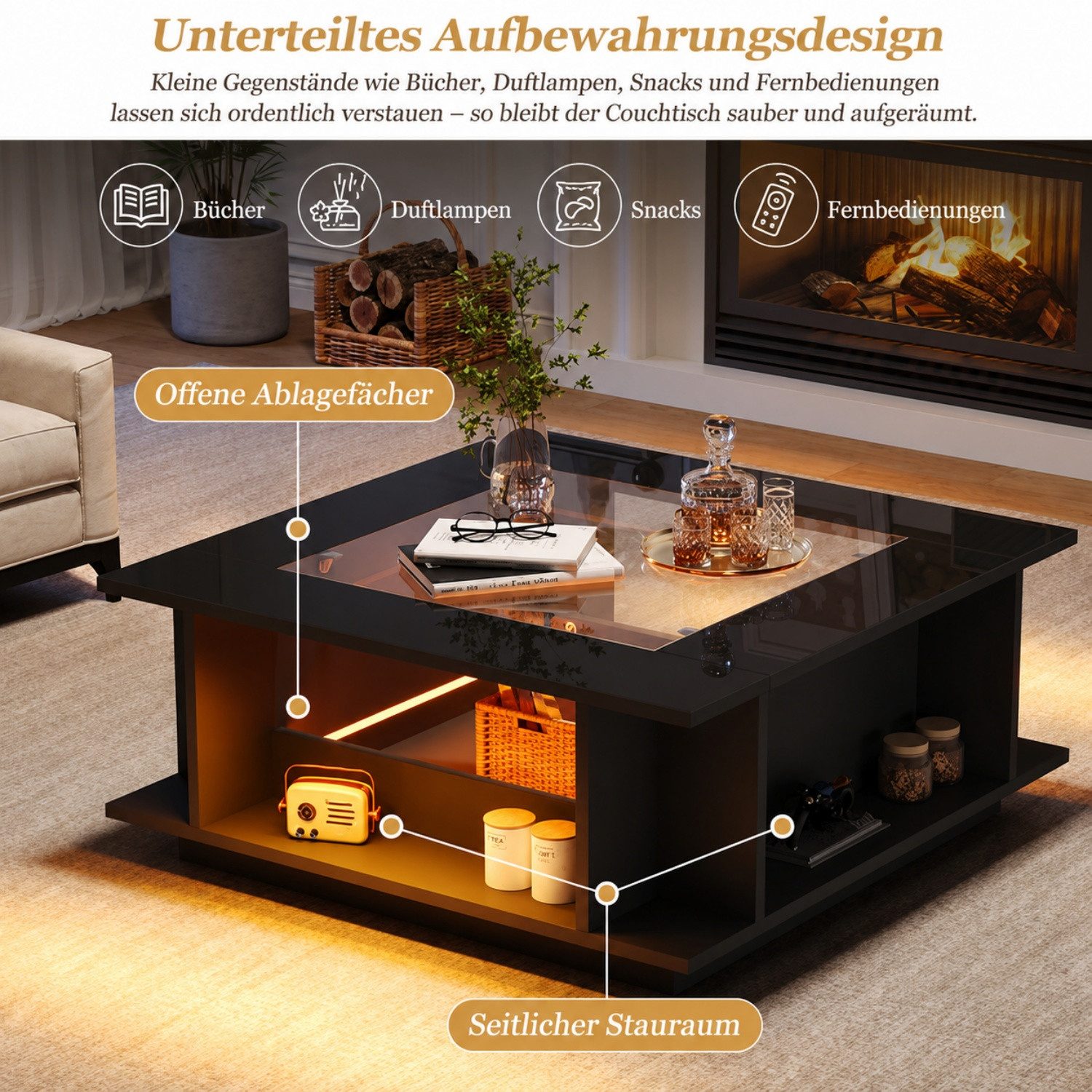ANYSUN Couchtisch LED Couchtisch 70 × 70 cm, Hochglanz mit Glasplatte & Stauraum (1 Couchtisch), App-gesteuerte LED, 4 offene Fächer, USB, belastbar bis 30 kg