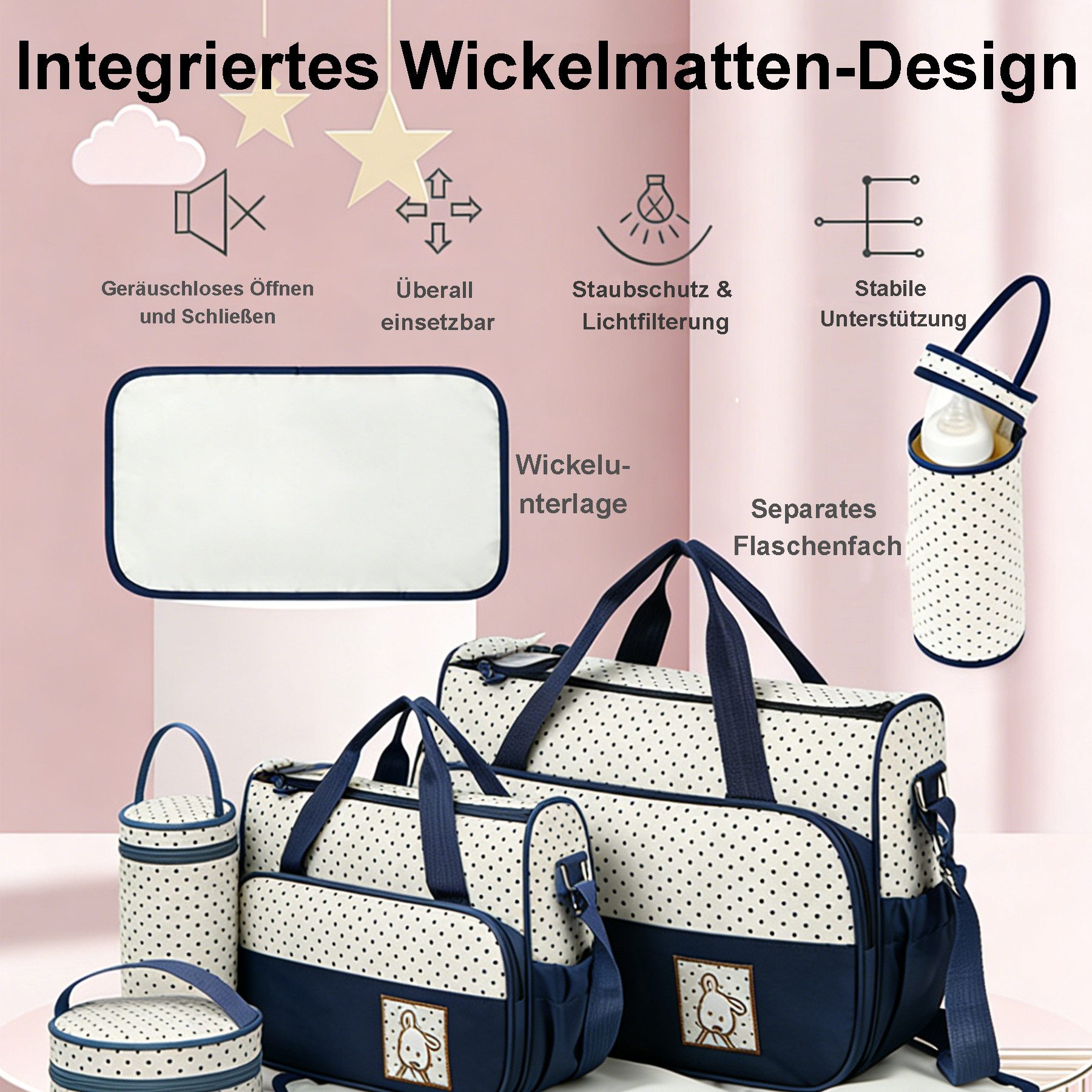 Mutig Wickeltasche 5-teiliges Baby Wickeltasche Set mit Flaschenwärmer & Wickelunterlage (Große Windeltasche als Umhängetasche & Reisetasche, Krankenhaustasche für Geburt, Mama Papa Kinderwagen), Reise Wickeltasche, Mehrzweck Wickeltasche für Unterwegs