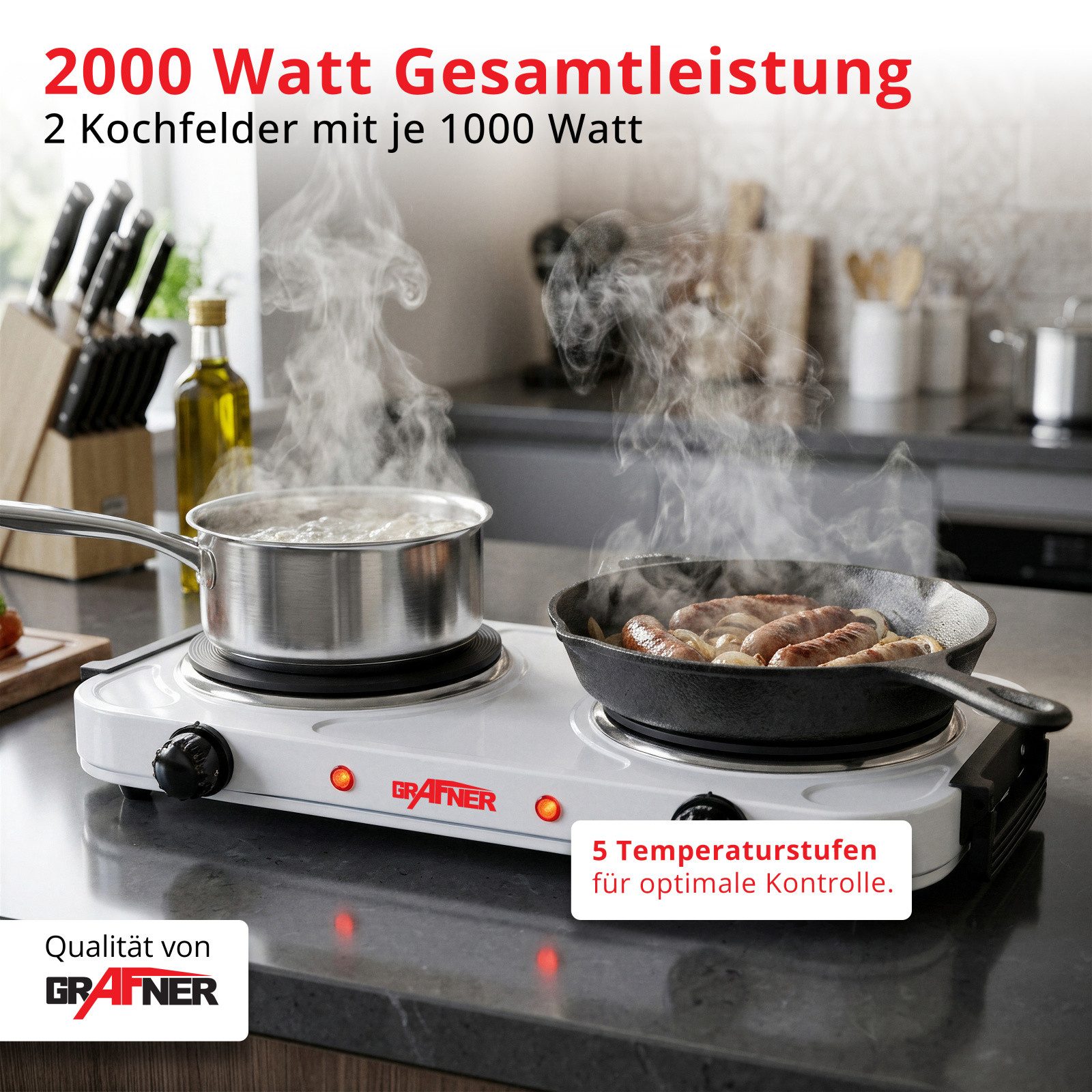 Grafner Doppelkochplatte Grafner® 2000 Watt mit klappbaren Griffen Weiß, Mobile Herdplatte, Überhitzungsschutz, 2000 Watt