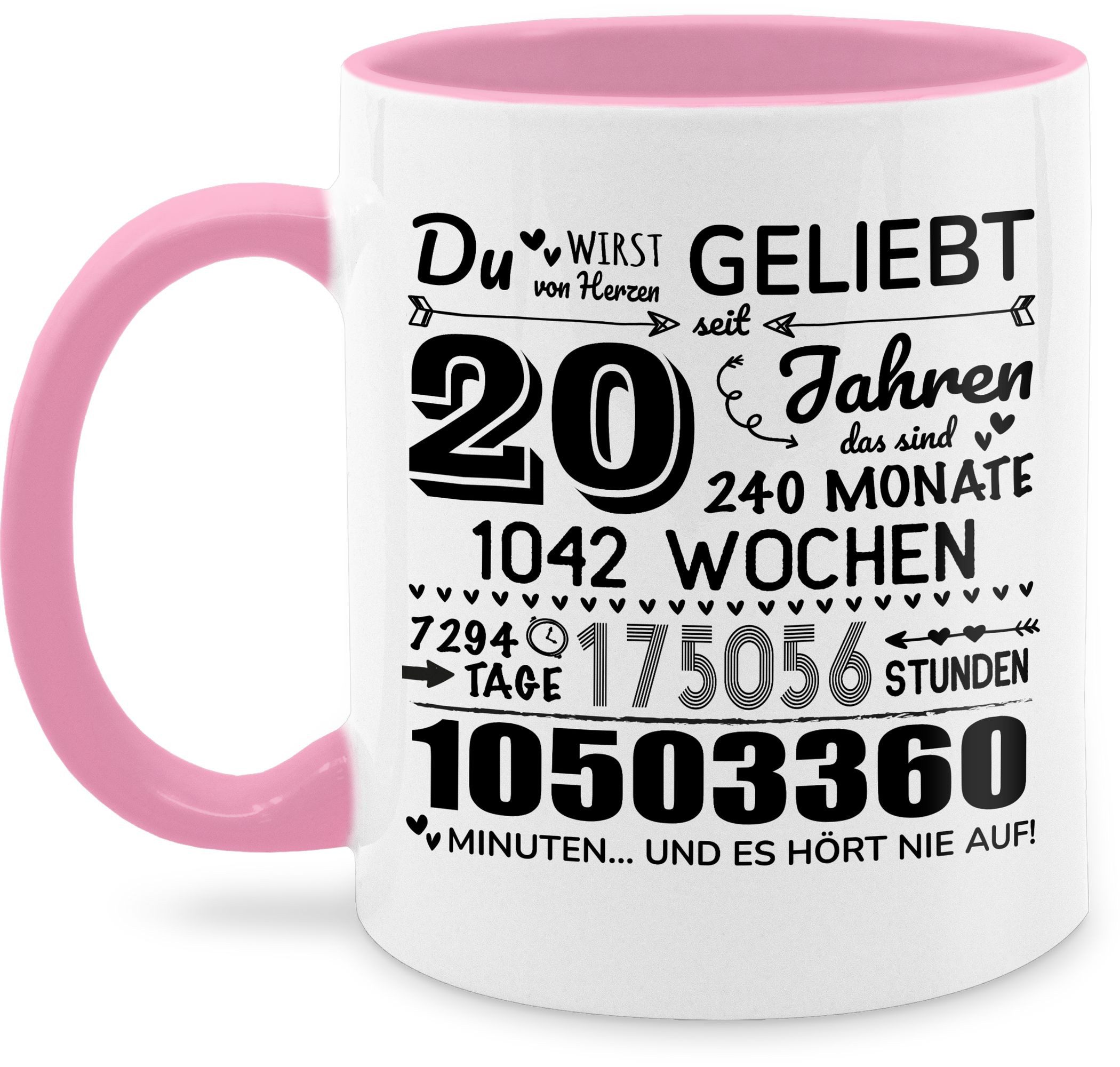 Shirtracer Tasse 20 Jahre - Du wirst von Herzen geliebt, 20. Geburtstag, 20 Jahre Geb, Keramik, 20. Geburtstag Tasse