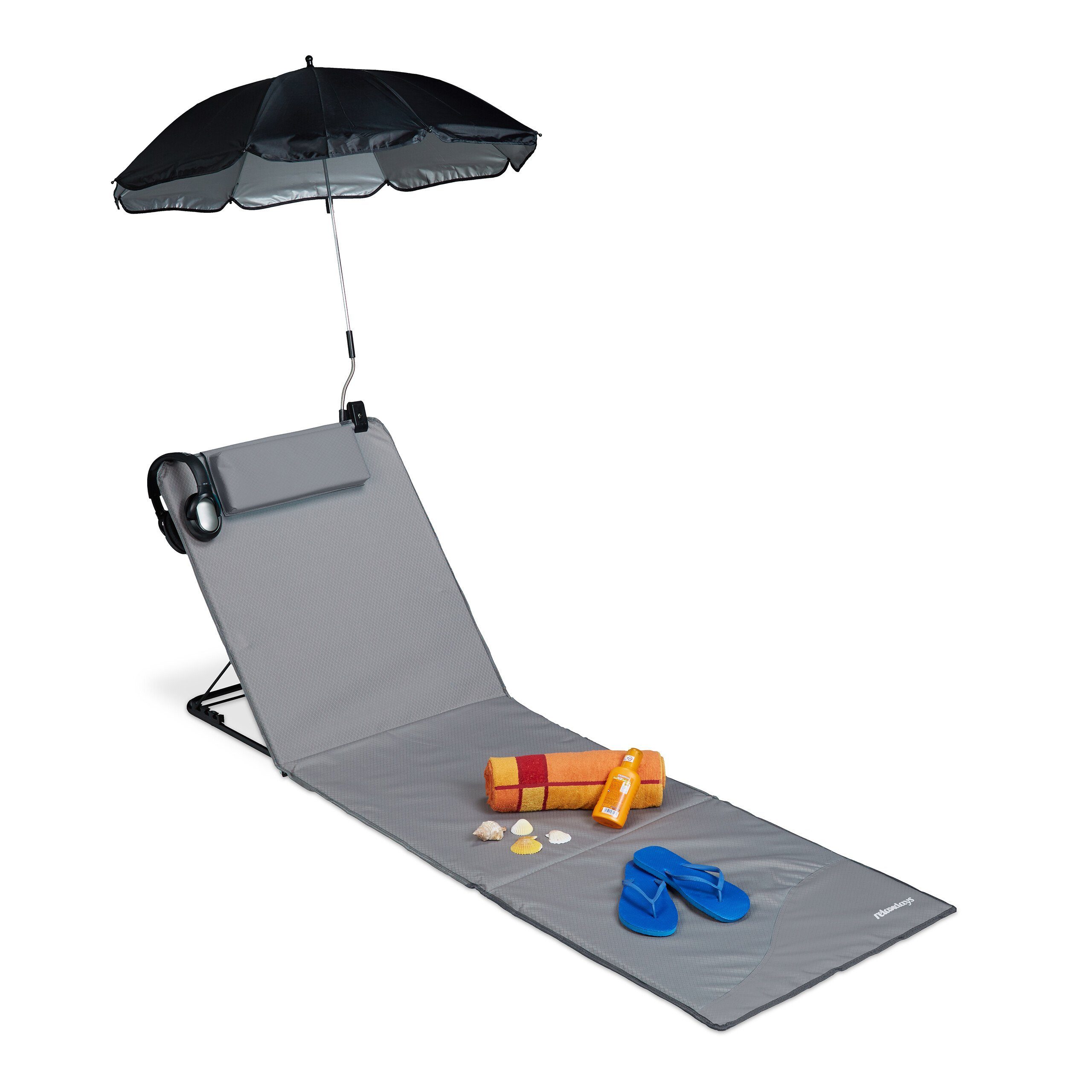 relaxdays Strandtücher Strandmatte mit Sonnenschirm, Grau günstig online kaufen