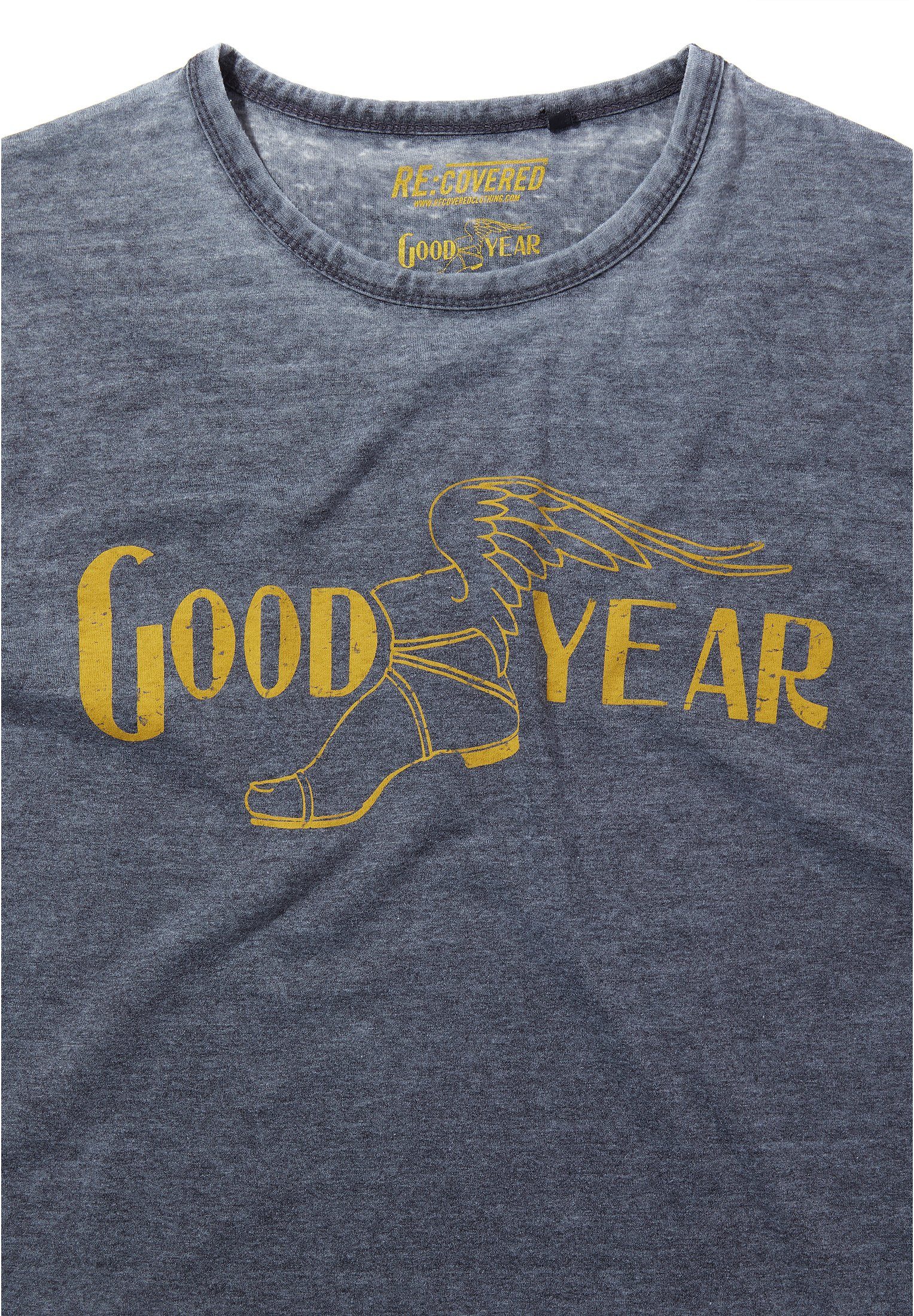 Vintage Goodyear Recovered GOTS Bio-Baumwolle T-Shirt Logo Colour zertifizierte Charcoal Mono