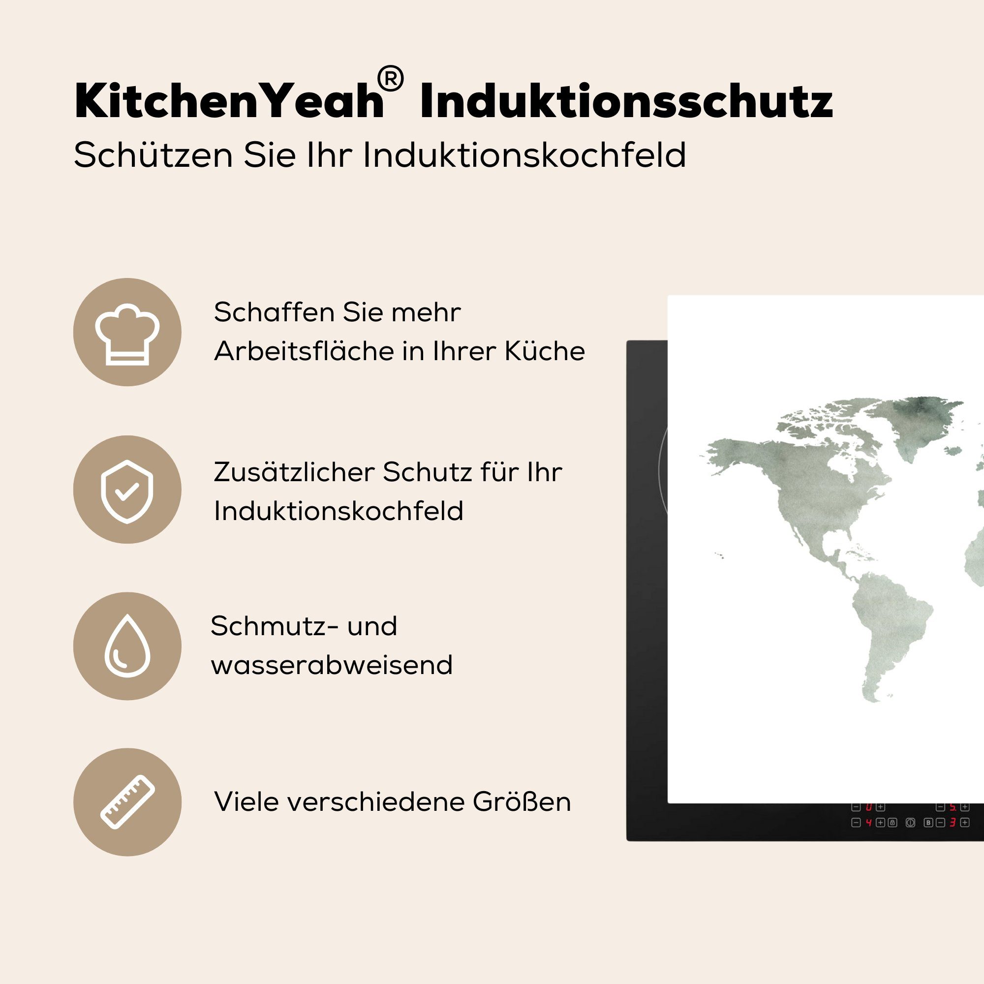 Induktionskochfeld - Weiß, Weltkarte küche, tlg), - Herdblende-/Abdeckplatte Grün für 71x52 Ceranfeldabdeckung (1 Vinyl, cm, Schutz die MuchoWow