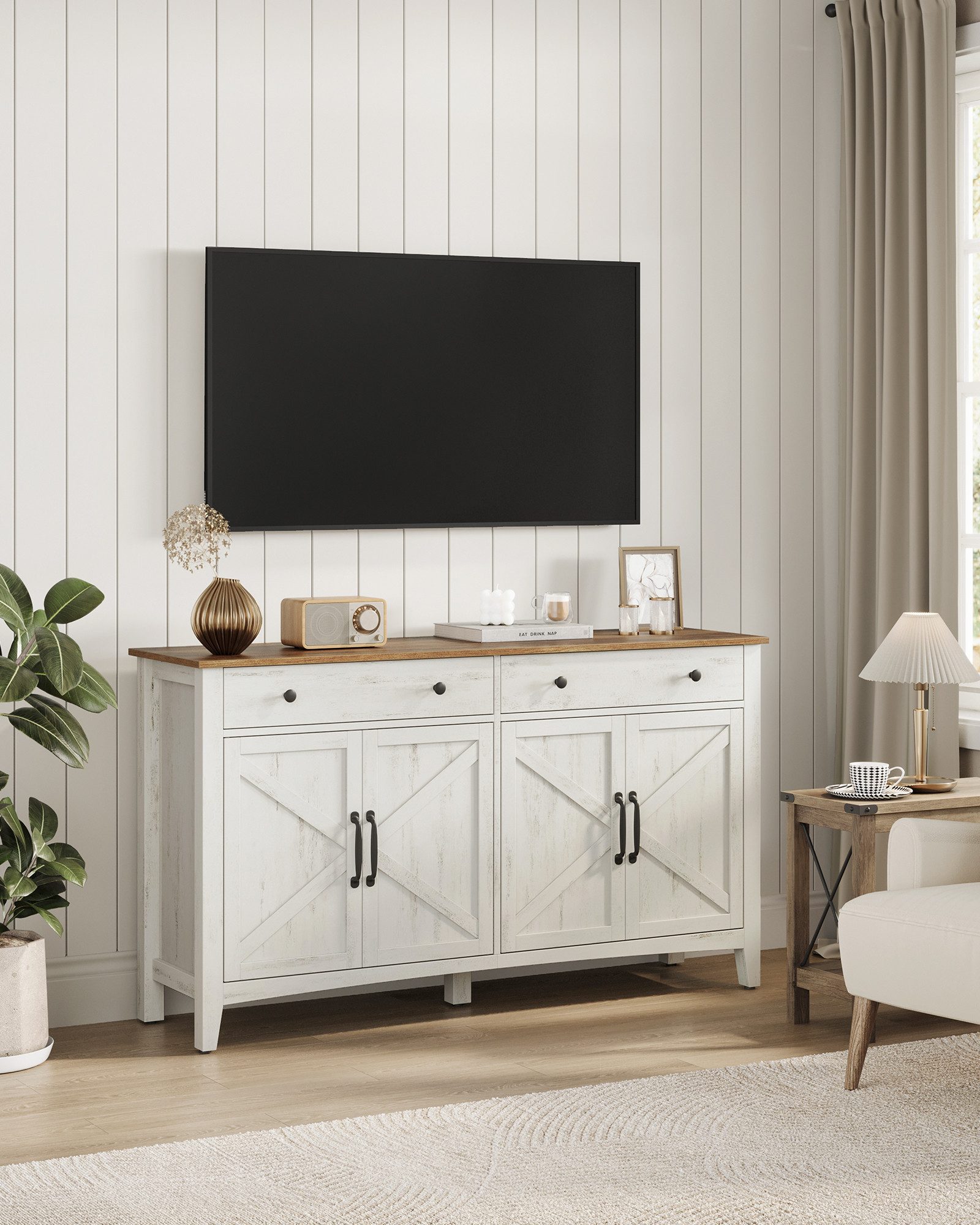 VASAGLE Sideboard Küchenschrank (Sideboard mit Schubladen, Aufbewahrungsschrank mit Türen, für Wohnzimmer Küche Esszimmer), verstellbare Ablage, Landhausstil, 40 x 140 x 80 cm
