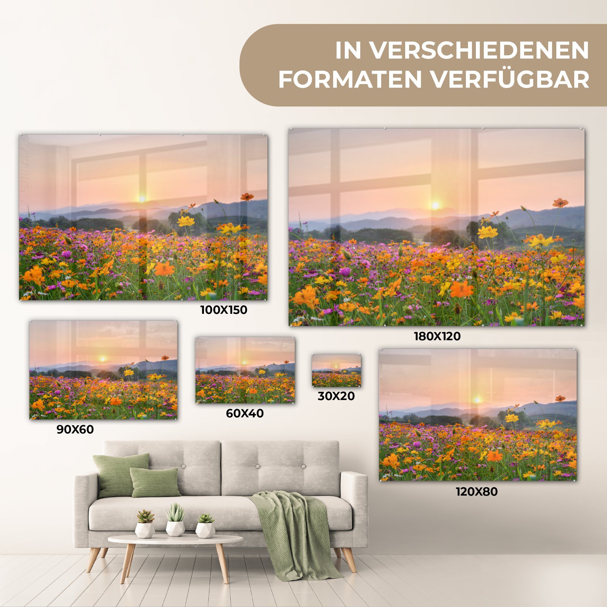 - - auf - Acrylglasbild Glas Bilder St), - auf MuchoWow - Wanddekoration (1 Glas Blumen Berg, Wandbild Foto Glasbilder Sonnenuntergang