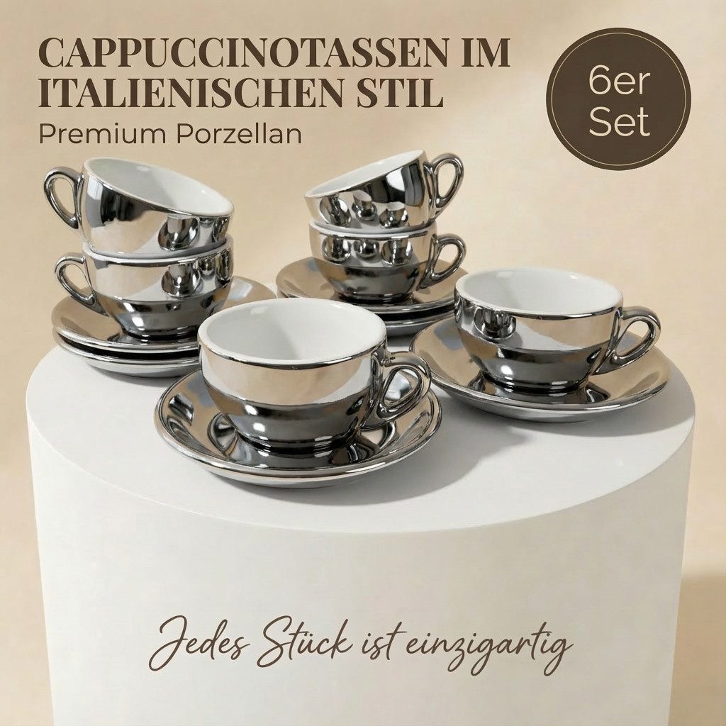 MUVELL Cappuccinotasse 6er Cappuccino-Set "BARI" Tasse 200ml + Untertasse, chrome, 6-tlg., Keramik, 200 ml Silber - Chrome mit weißen Rand und Innenfläche – Bild 2 von 5