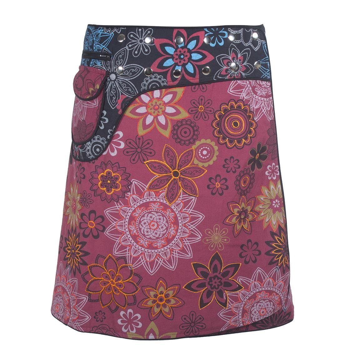 Vishes Wickelrock Wrapper Bunt Bedruckt Bestickt mit Blumen Sidebag A-Linie, Cacheur, Goa, Hippie Style dunkelrot-schwarz