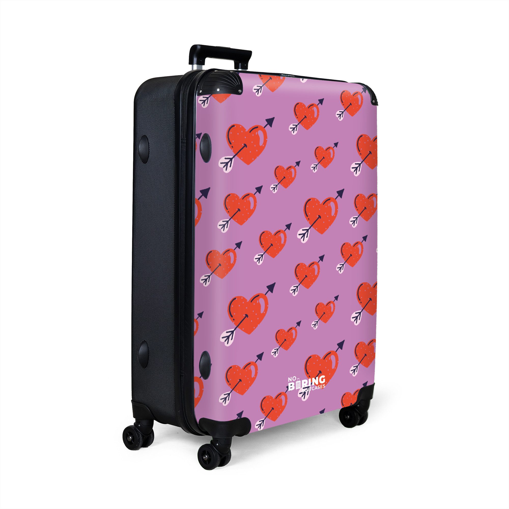 NoBoringSuitcases.com© Hartschalen-Trolley Lila mit roten Herzen günstig online kaufen