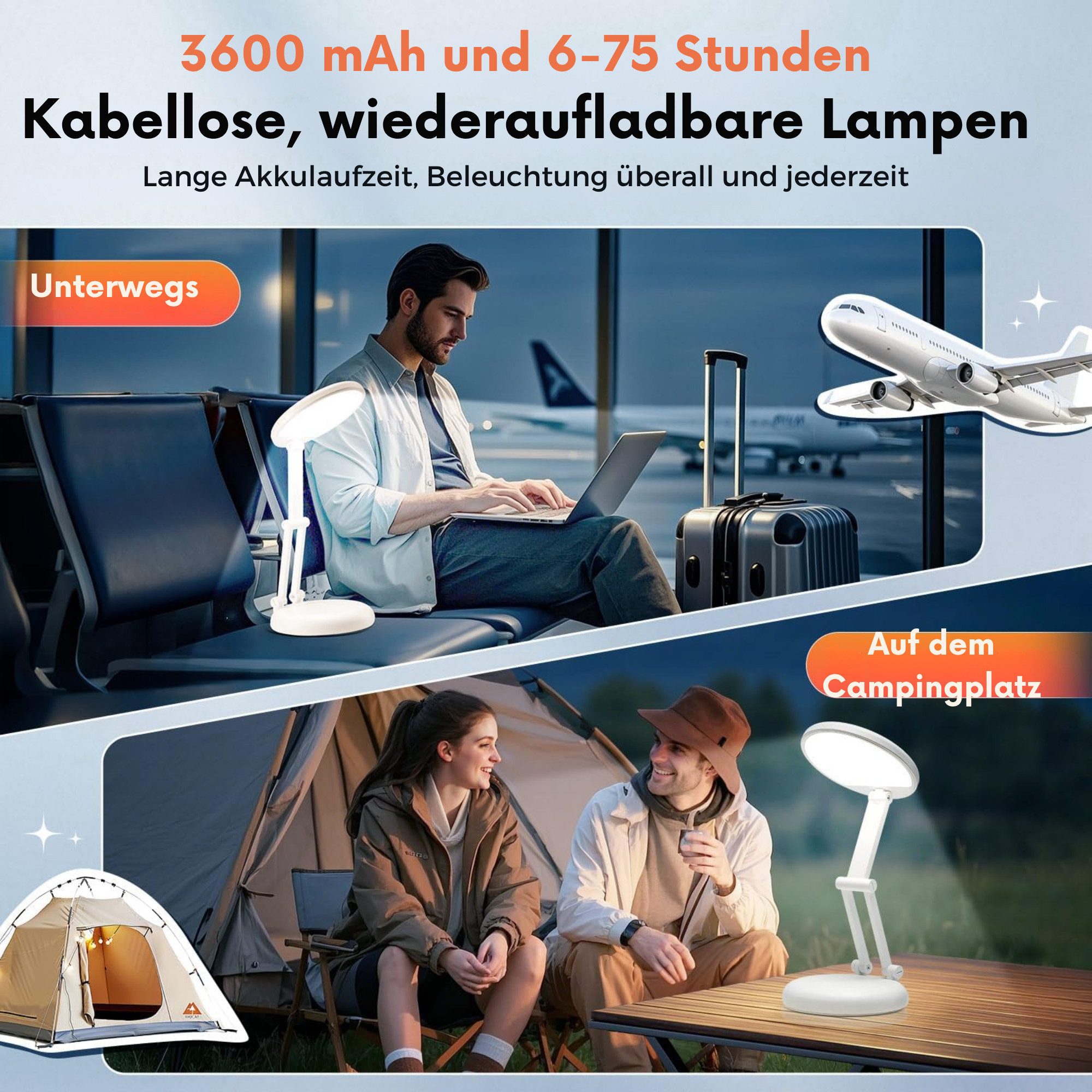 Vivitar LED Schreibtischlampe 3600-mAh Wiederaufladbare, 3600-mAh Tischlampe, klappbar, 300 Lumen, 4000 K natürliches Licht, Tageslichtweiß, 10 Helligkeitsstufen, Touch-Dimmer, Speicherfunktion, augenschonendem