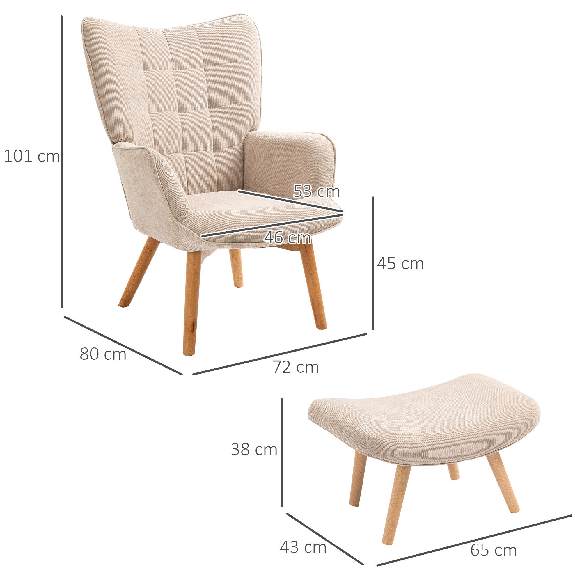 HOMCOM Relaxsessel Loungesessel mit Hocker, Armlehnstuhl mit Holzbeine, Fernsehsessel (Ohrensessel, 2-St., Polstersessel), mit Cord-Optik