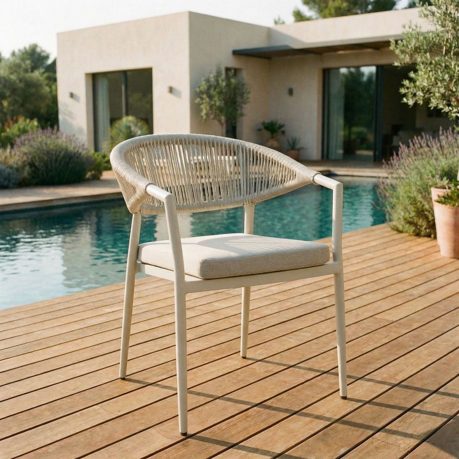 IDIMEX Gartenstuhl SELI (6 St), Moderne Terrassenstühle wetterfest stapelbar mit Rope-Detail Cremeweiß