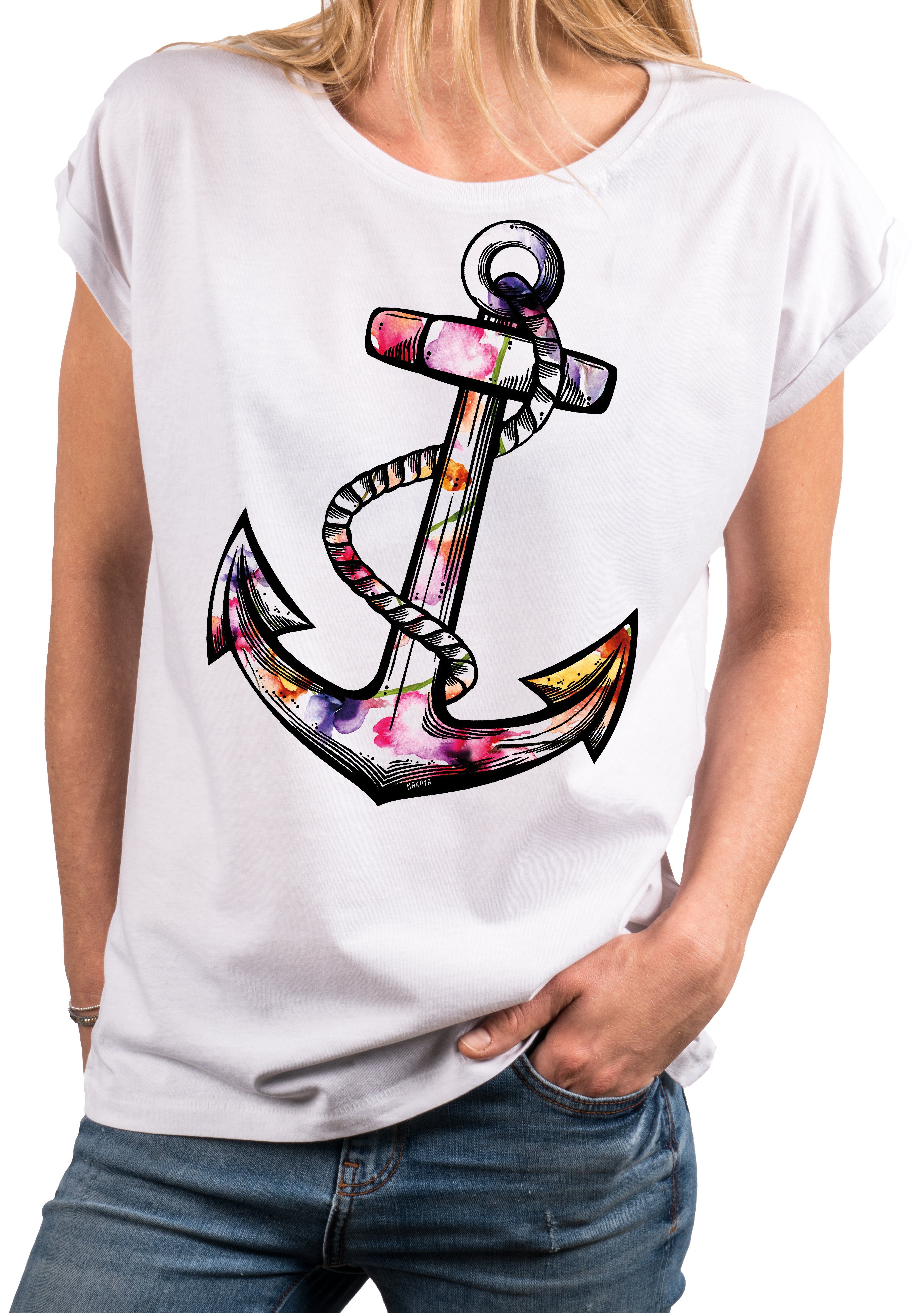 MAKAYA Tunikashirt Damen Top mit Blumen Motiv Sommer T-Shirt Oversize Print Blumenmuster (Kurzarm, Weiß, Rosa, Grau) große Größen