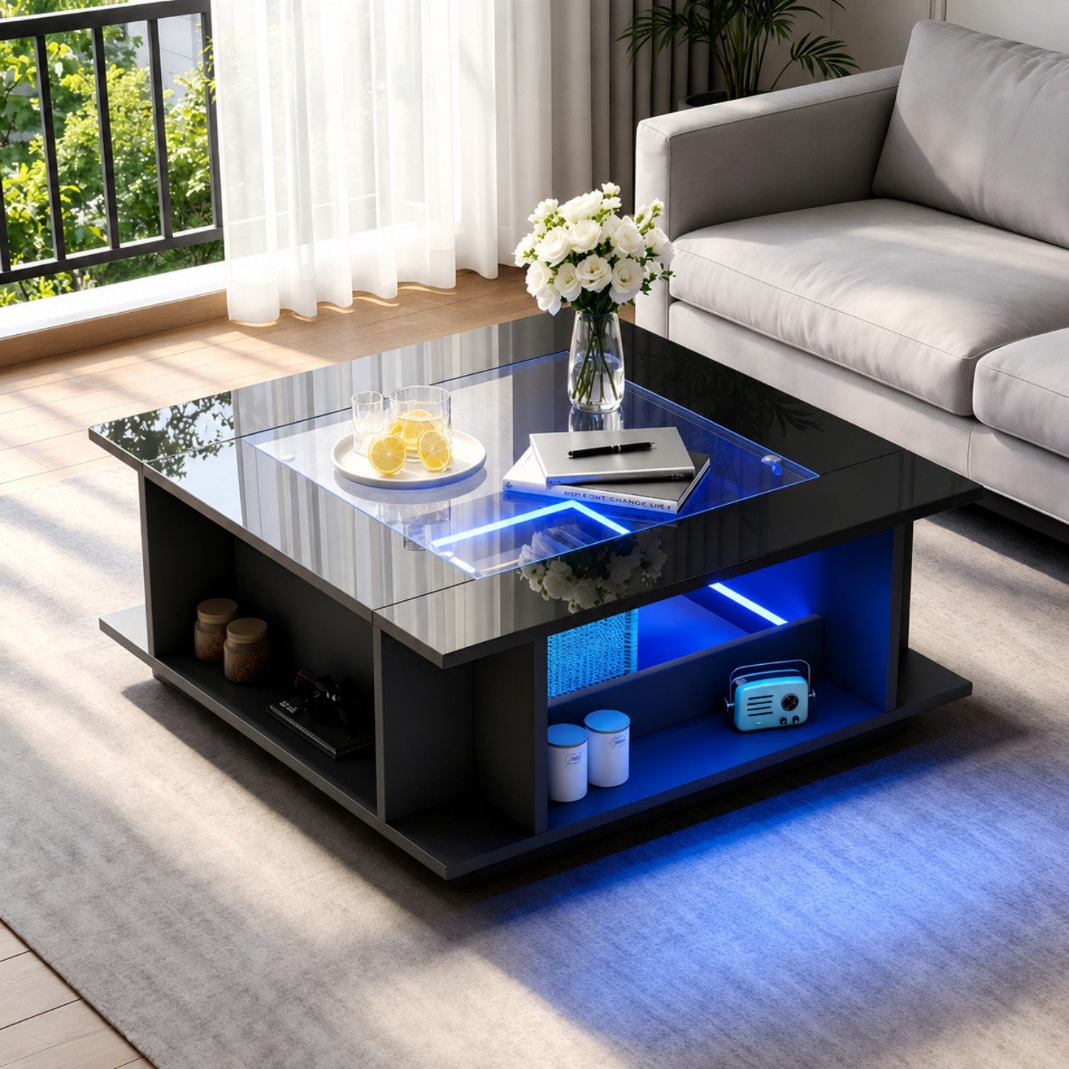ANYSUN Couchtisch LED Couchtisch 70 × 70 cm, Hochglanz mit Glasplatte & Stauraum (1 Couchtisch), App-gesteuerte LED, 4 offene Fächer, USB, belastbar bis 30 kg
