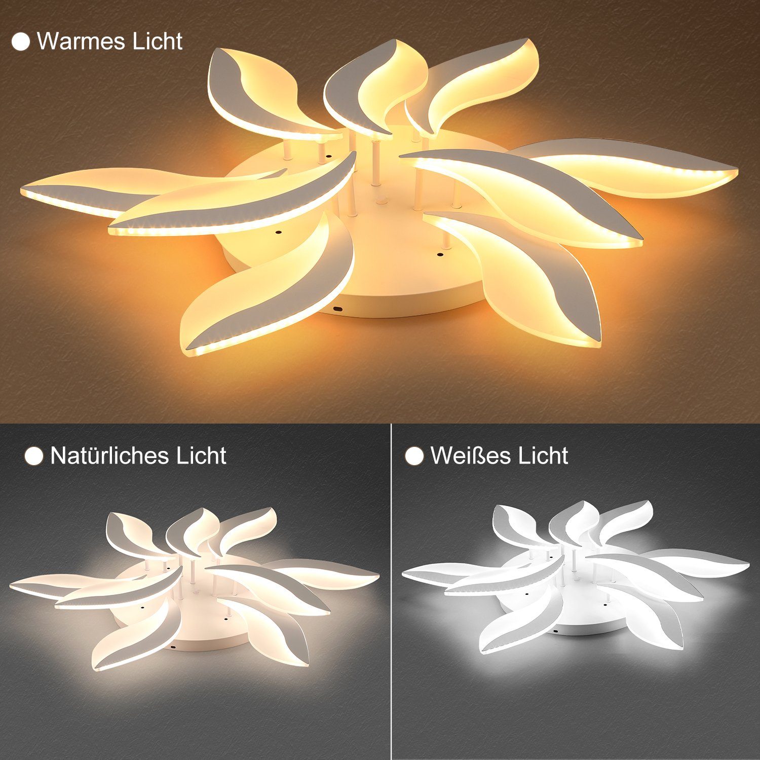 LED 9-Blatt Blumen, iscooter Deckenleuchte für Wohnzimmer, kaltweiß, fest Esszimmer Dimmbare LED integriert, neutralweiß, Schlafzimmer, Deckenleuchten Deckenbeleuchtung, 50W Acryl warmweiß, Weiß