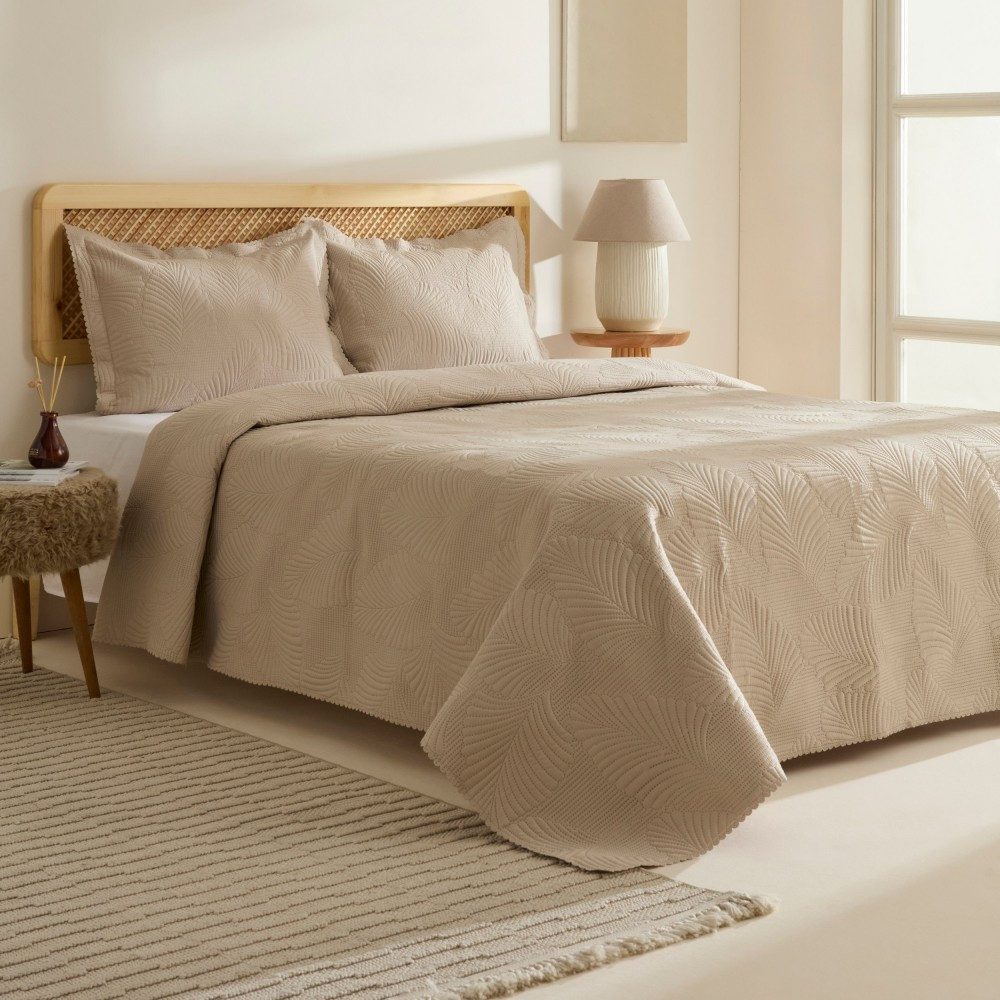 Karaca Bettwäsche Leaf Bettüberwurf-Set Beige 230x240 günstig online kaufen