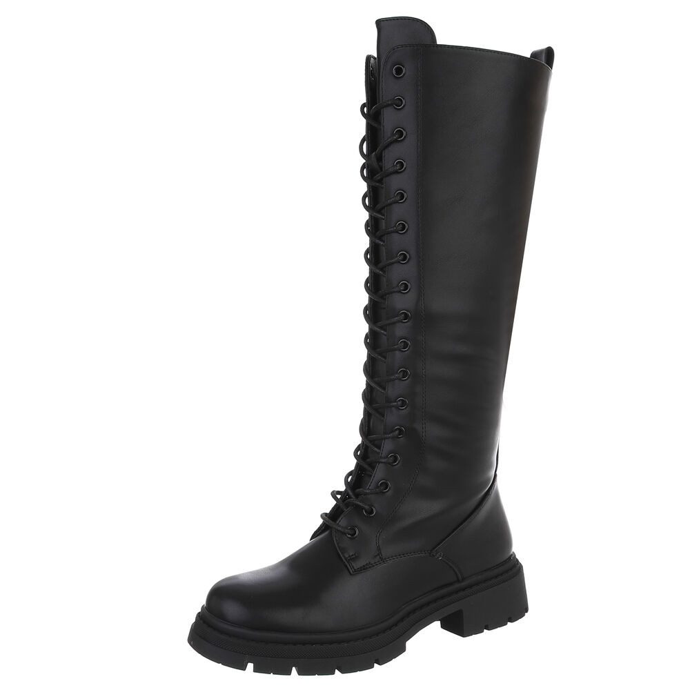 Ital-Design Langer Schnürstiefel für Damen – Komfortabel und stilvoll Plateaustiefel (90109832) Blockabsatz Stiefel in Schwarz