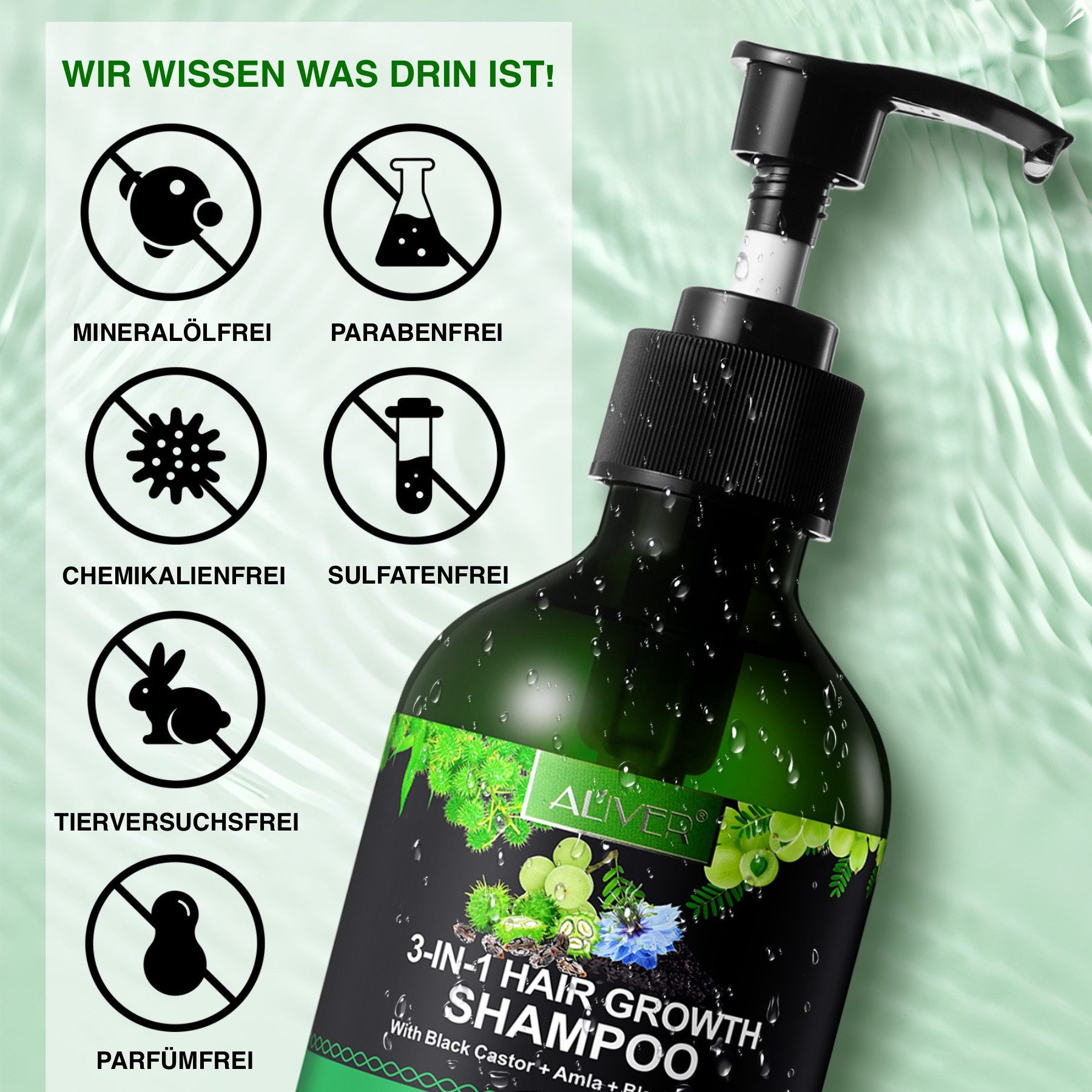 ALIVER Haarshampoo Kopfhaut Pflege Haarwachstum mit Rizinusöl Amlaöl Schwarzkümmelöl, 1-tlg., Vegan, mit biotin angereichert