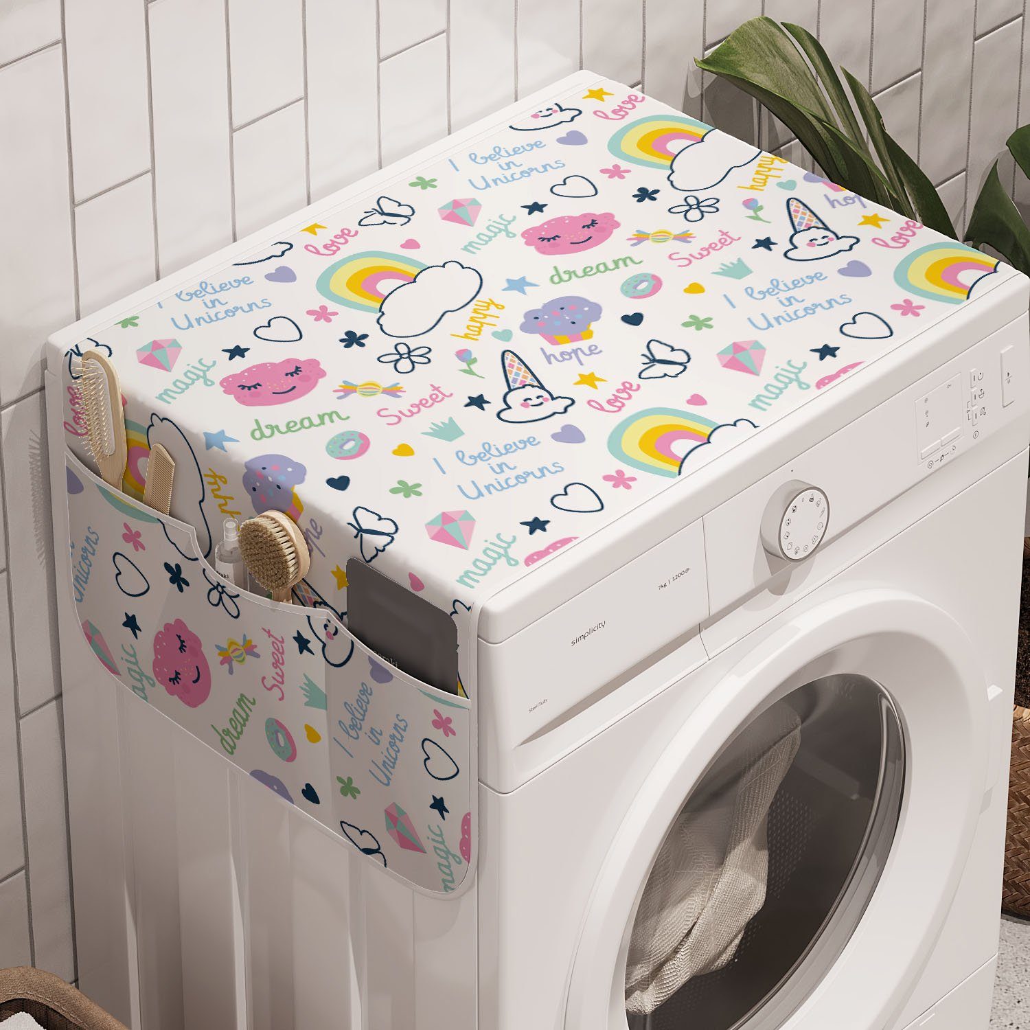 Abakuhaus Badorganizer Anti-Rutsch-Stoffabdeckung für Waschmaschine und Trockner, Karikatur Regenbogen Wolken Glückliche Artikel