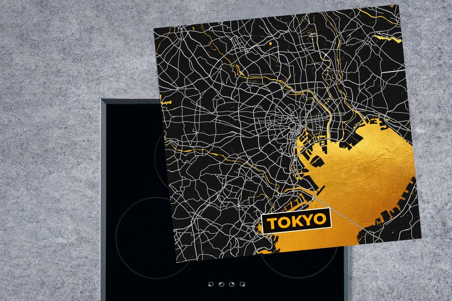 küche Gold (1 Stadtplan Karte, MuchoWow Ceranfeldabdeckung, für Tokio - 78x78 Herdblende-/Abdeckplatte Arbeitsplatte cm, Vinyl, - - tlg),