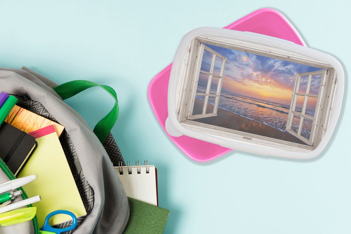 MuchoWow Lunchbox - Sonnenuntergang Snackbox, (2-tlg), Kunststoff, - für Erwachsene, Kunststoff Brotdose rosa Strand Aussicht - Brotbox Blau, - Mädchen, Kinder, Meer