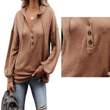 FIDDY Longbluse Frauen Knopfleiste Kapuzenpulli langes Shirt Sweatshirt