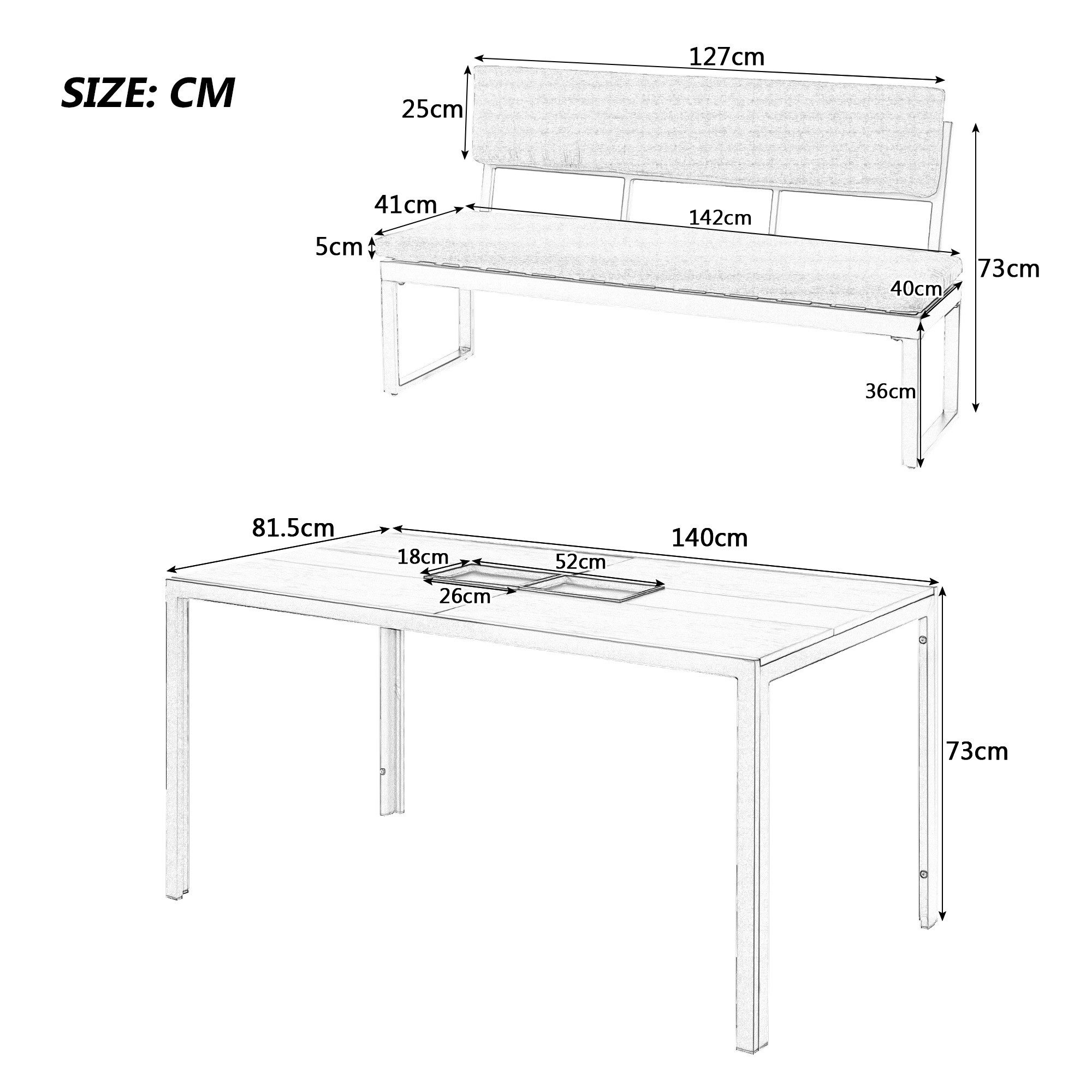 Garten-Essgruppe, (Gartenmöbel Set, 3-tlg., Sitzgruppe für 6 Personen), Gartenlounge Set Aluminium mit 2 Bänke und 1 Esstisch