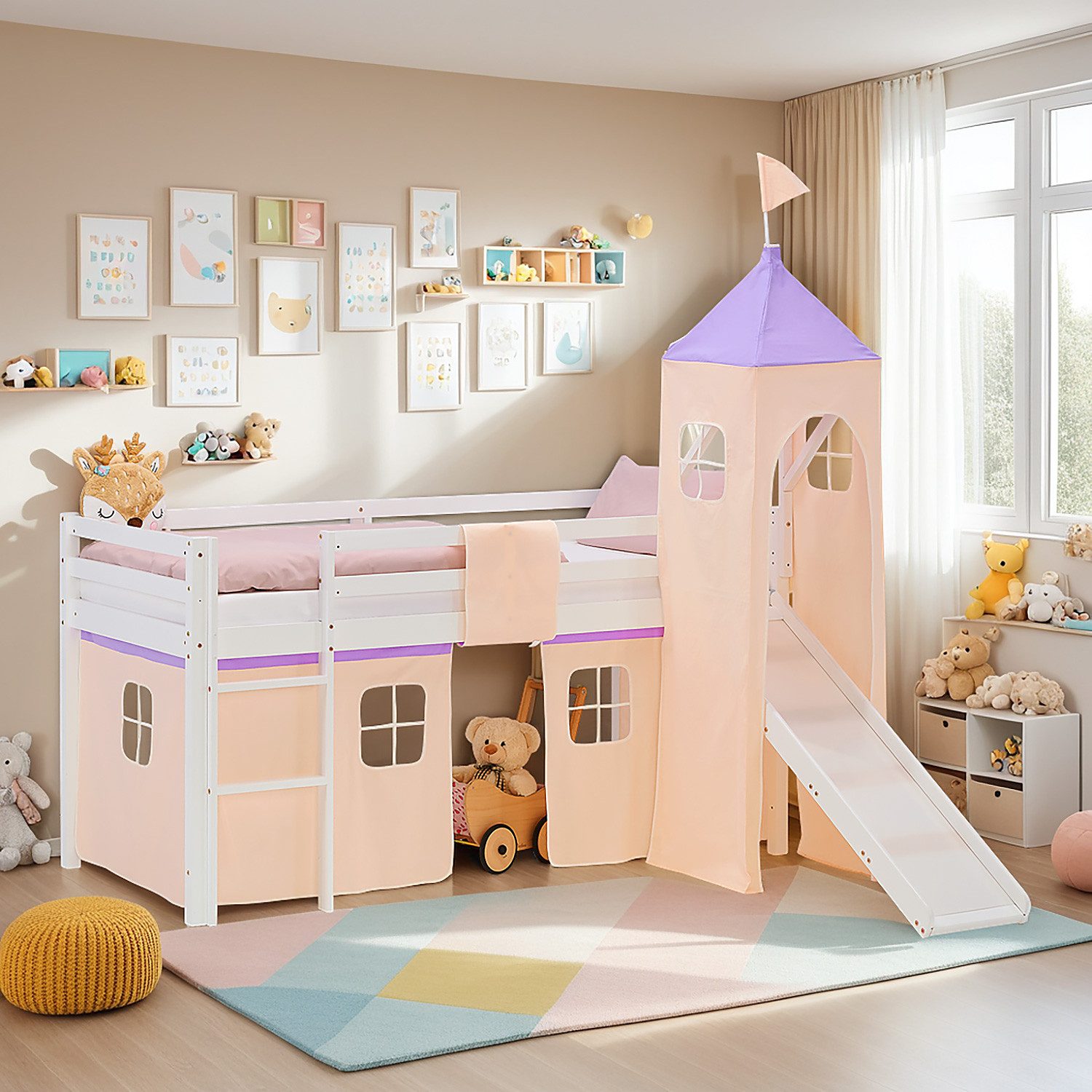 Homestyle4u Hochbett Kinderbett 90x200 Spielbett Holz Kiefer Mädchen Weiß Lila Vorhang (mit Rutsche und Turm, Spielbett) mit Rausfallschutz, Mädchen