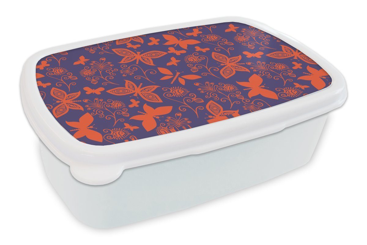 MuchoWow Lunchbox Schmetterling - Libelle - Rot - Muster, Kunststoff, (2-tlg), Brotbox für Kinder und Erwachsene, Brotdose, für Jungs und Mädchen weiß | Lunchboxen