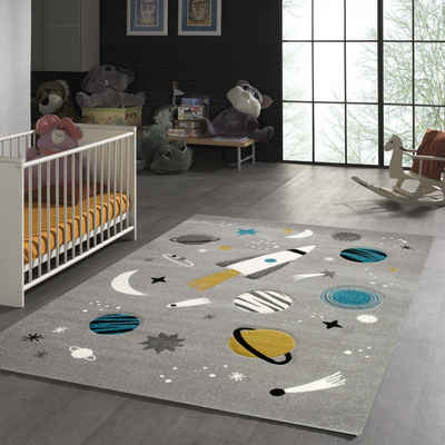 Kinderteppich Kinderteppich mit Raumschiff Sternen und Planeten in Grau, TeppichHome24, rechteckig, Höhe: 1.3 mm