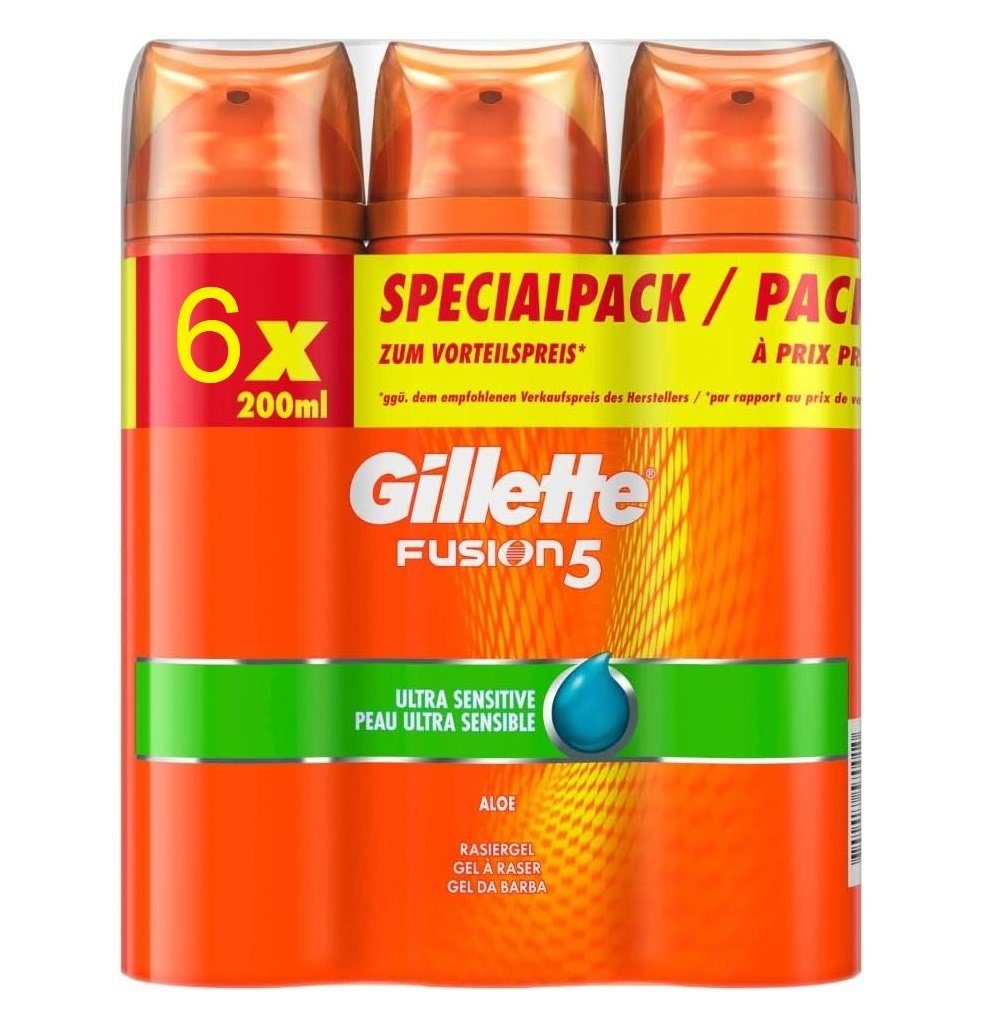 Gillette Rasiergel Gillette Fusion 5 Rasiergel 6x 200ml Rasur Bartpflege Shave Gel Set, 6-tlg., Feuchtigkeitsgel Rasierer Zubehör Geschenkset für Männer und Frauen, schütz und kühlt die Haut, angenehmes und weiches Hautgefühl Intim