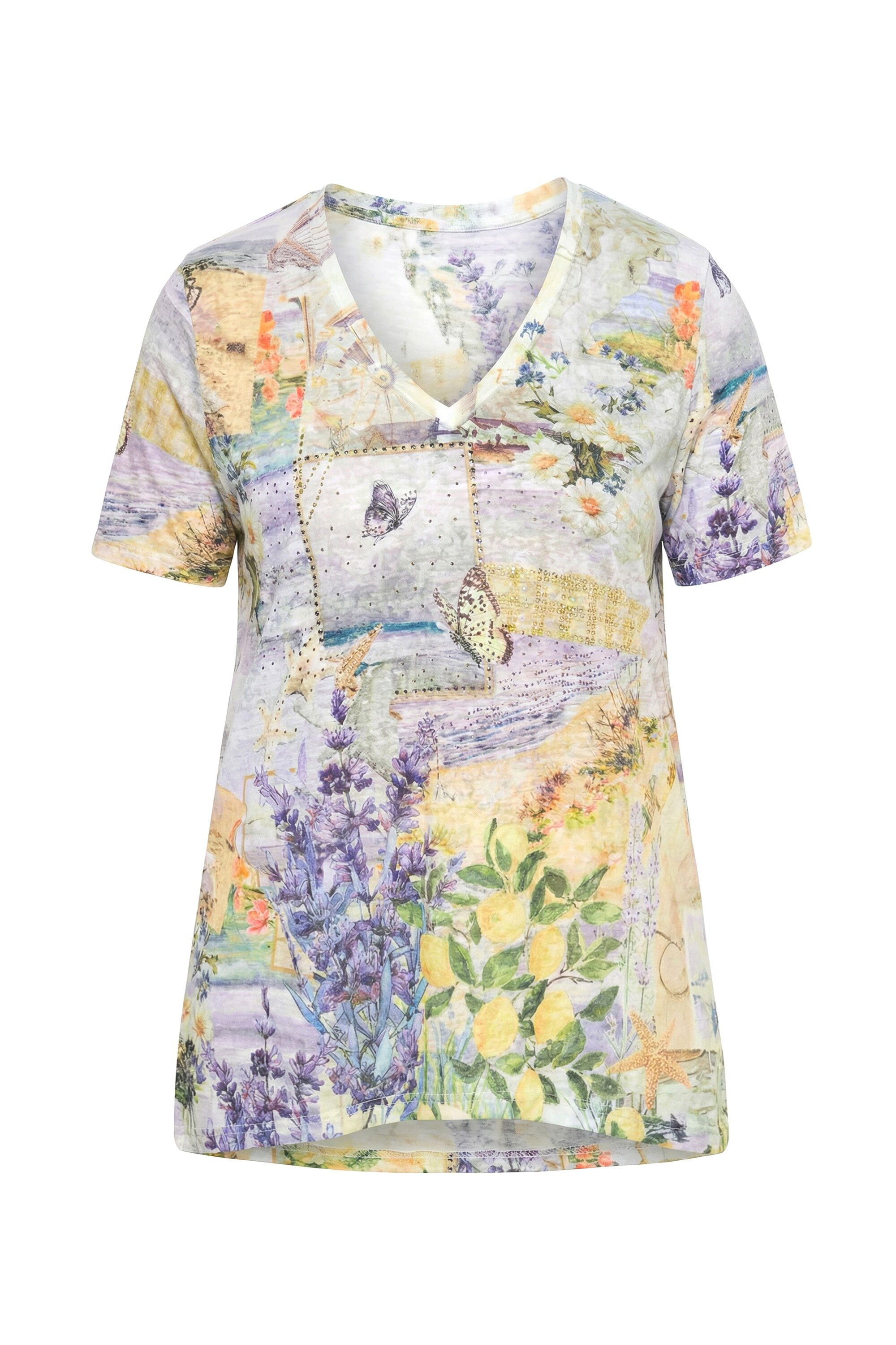 T-Shirt T-Shirt A-Linie Glitzersteinchen Blumenmuster