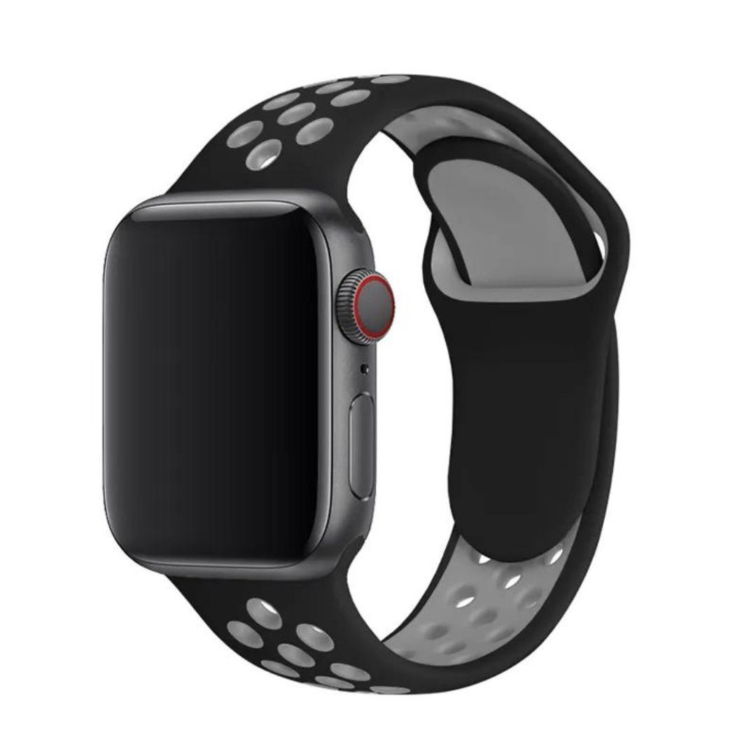 SmartUP Uhrenarmband Sport Silikon Armband für Apple Watch 1/2/3/4/5/6/7/8 SE Ultra, Sportband 38/40/41mm 42/44/45/49mm, Silikon Ersatz Armband #3 Schwarz-Grau