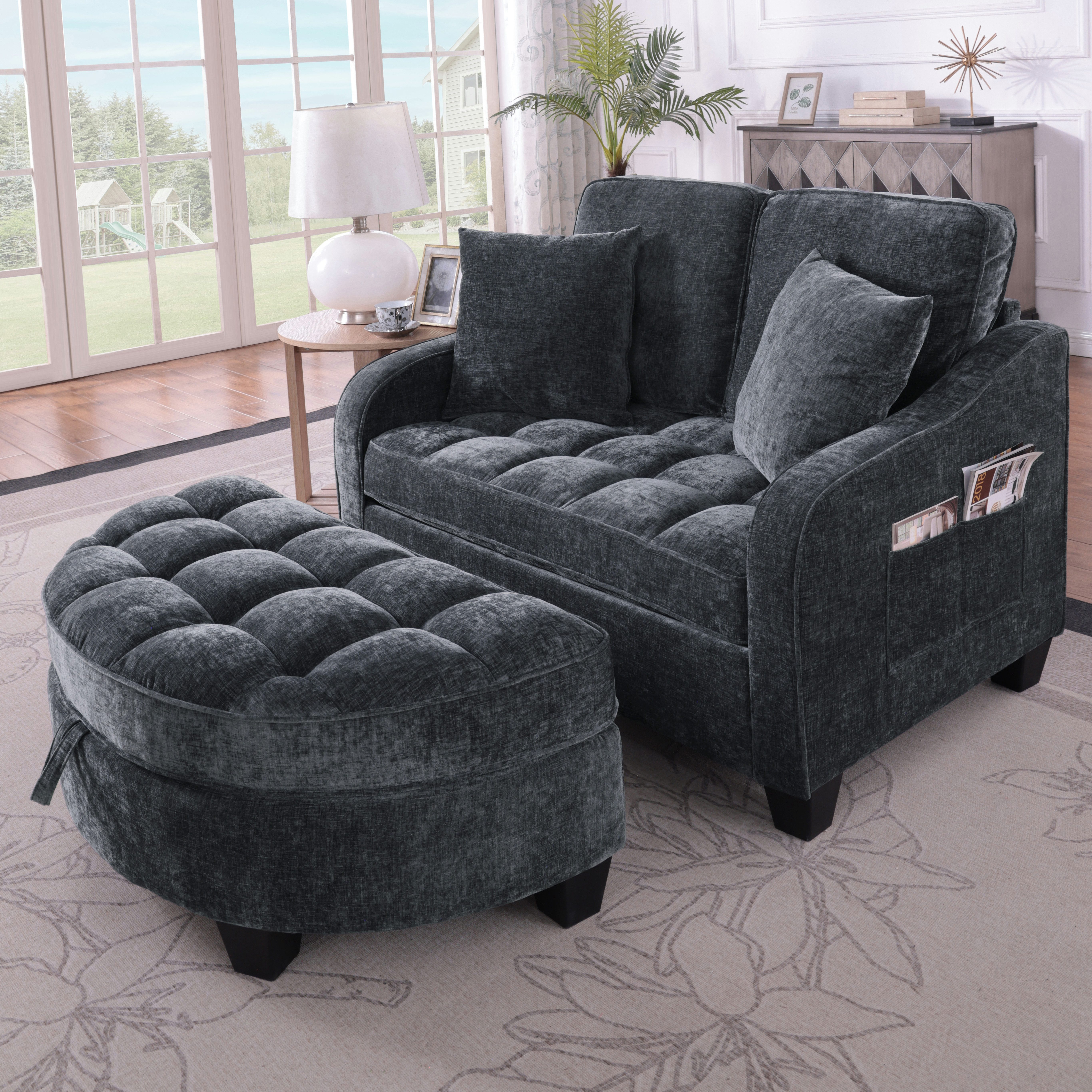 HAUSS SPOLE Schlafsofa mit Schlaffunktion Wohnzimmersofa Multifunktionales Sofa mit Hocker, Multifunktionales Sofa mit Hocker, 2-in-1 Sofa-Bett für Wohn/Arbeits/Schlafzimmer, Schwarz