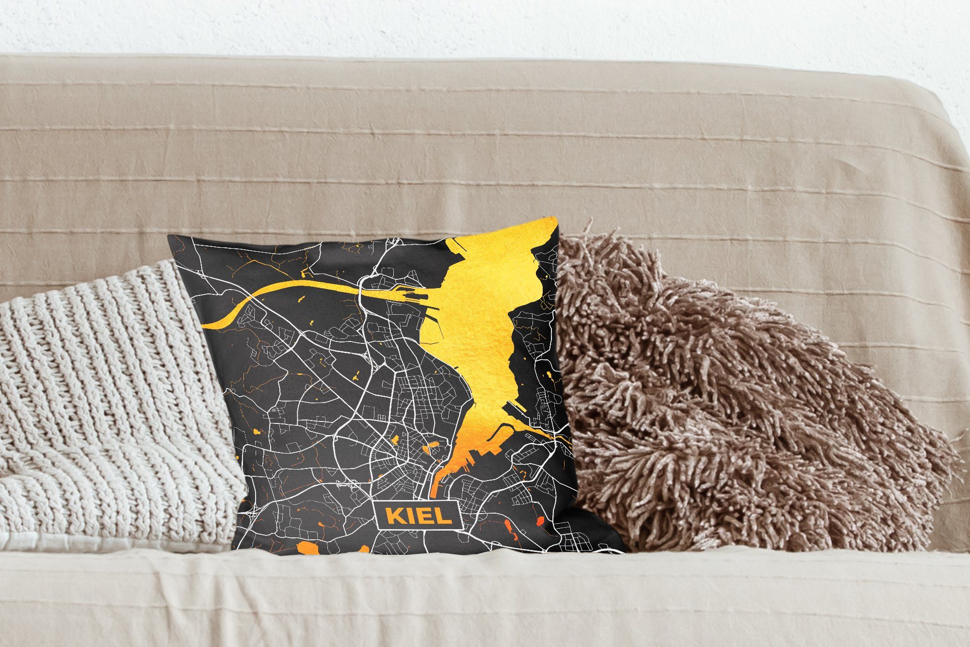 MuchoWow Dekokissen Kiel Sofakissen Füllung Wohzimmer, Zierkissen - Deutschland, Gold - für Deko, mit - Karte Schlafzimmer, Stadtplan 