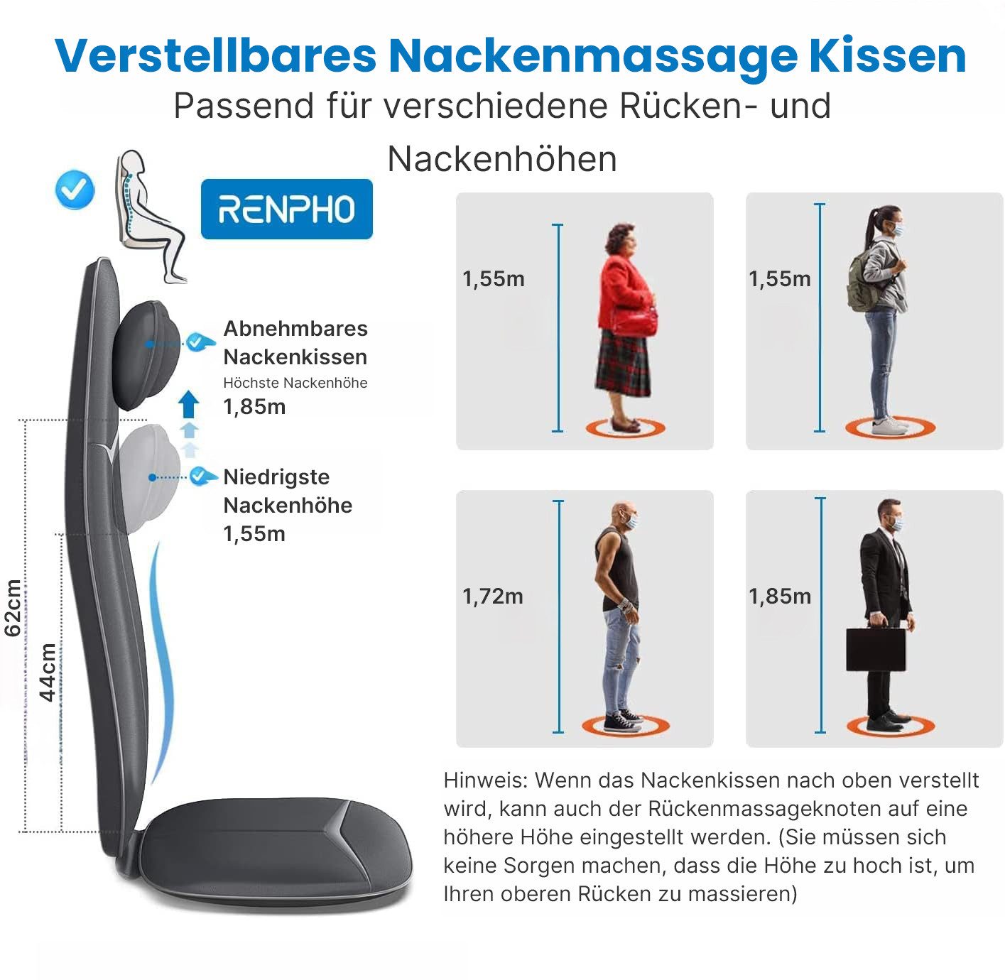 RENPHO Shiatsu-Massagesitzauflage Neck & Back Massager Cushion S BM076, für Tiefenentspannung des Nackens & Rückens -- Wärme & Vibration