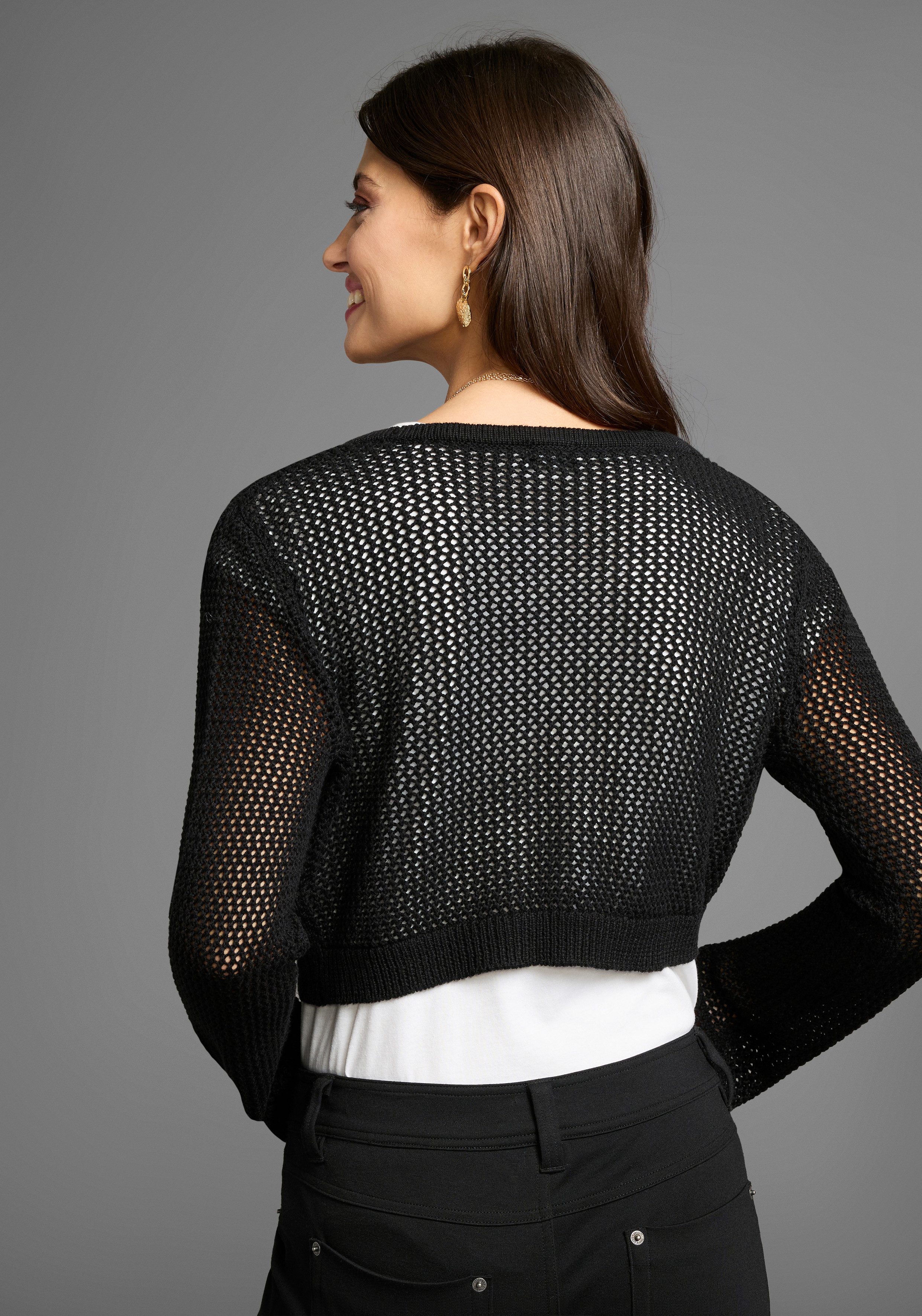 Laura Scott Ajourstrickjacke in Netzstrickoptik in Bolero-Länge günstig online kaufen