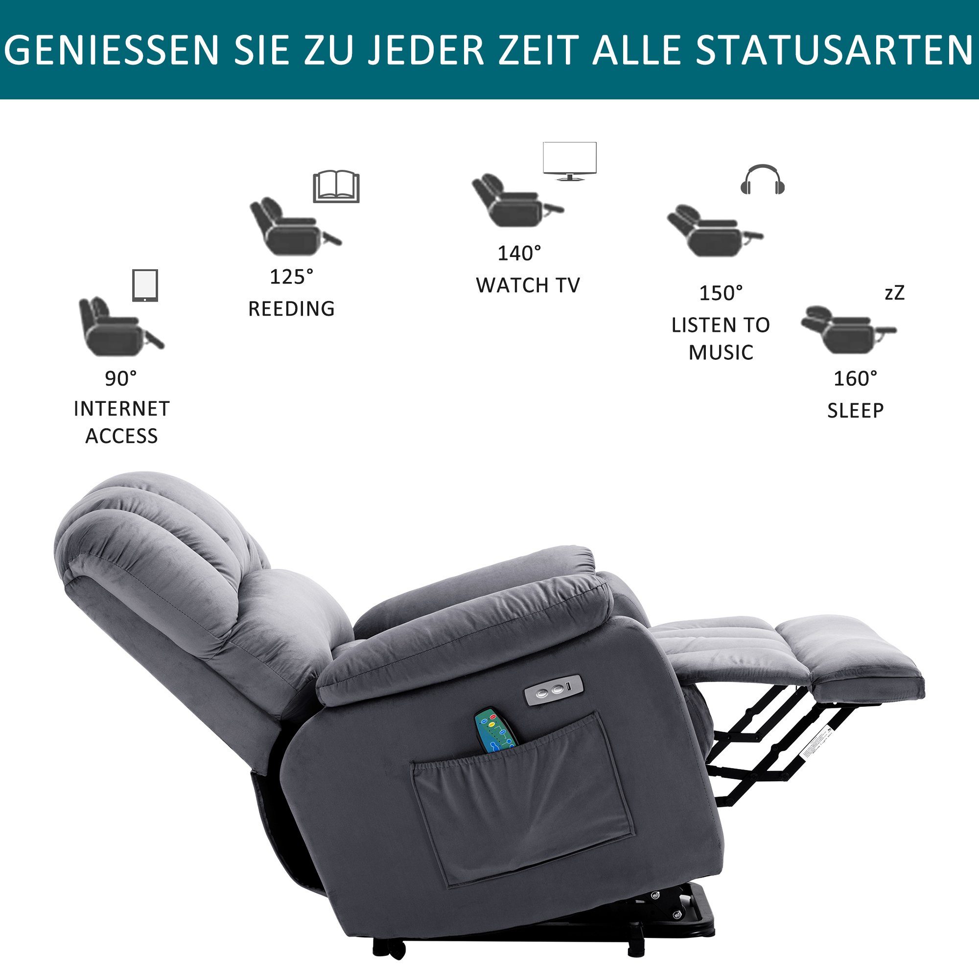 TV-Sessel (Fernsehsessel mit Aufstehhilfe, elektrisch Massagesessel mit Fernbedienung, bis 135 kg belastbar), Relaxsessel mit Liegefunktion, Wärmefunktion und Massagefunktion