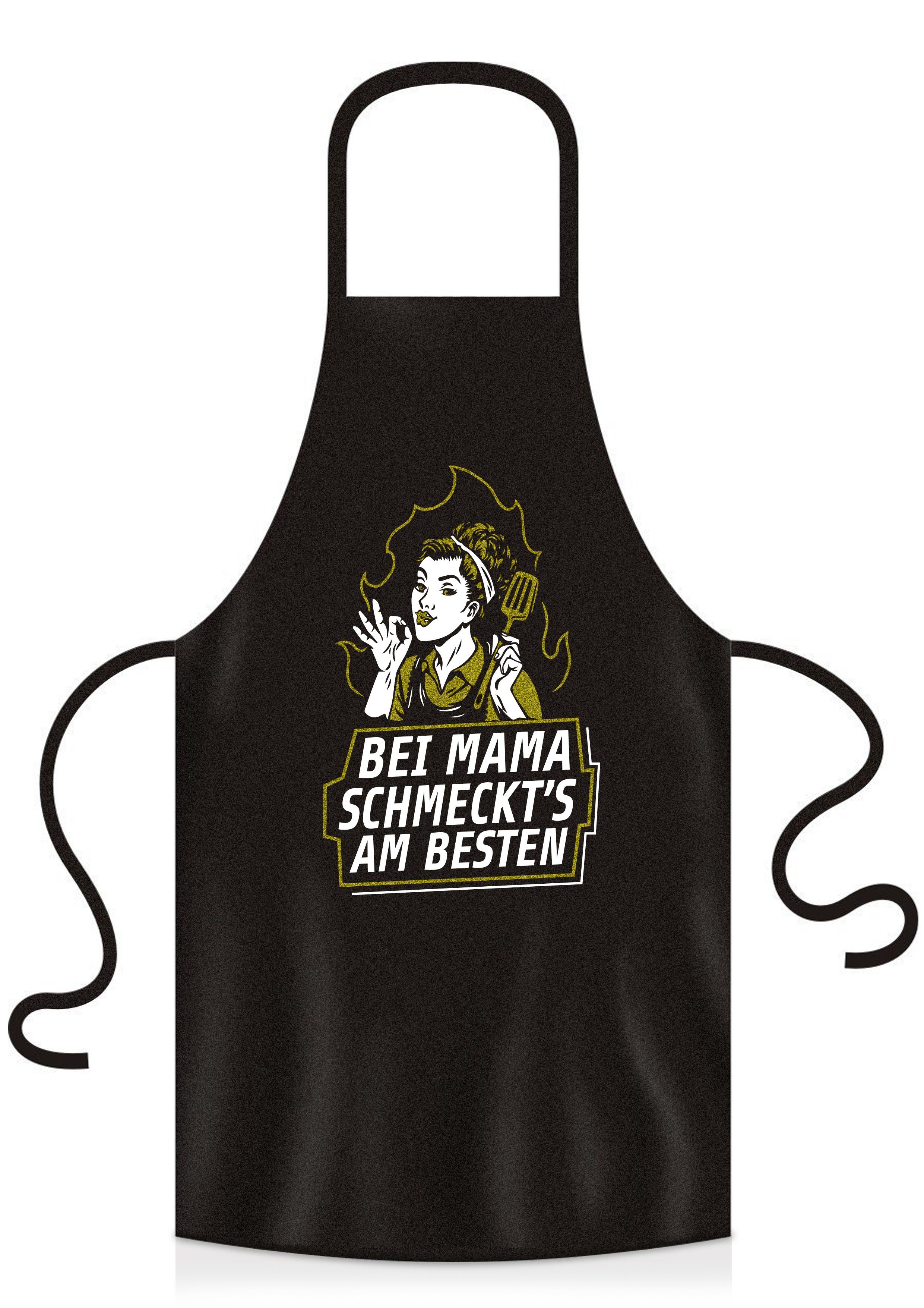 YORA Grillschürze für Frauen lustig - Bei Mama schmeckts am besten, (Set, 2-tlg., Grillschürze + personalisierbarer Urkunde), das perfekte Geschenk für alle Männer, die Grillen lieben