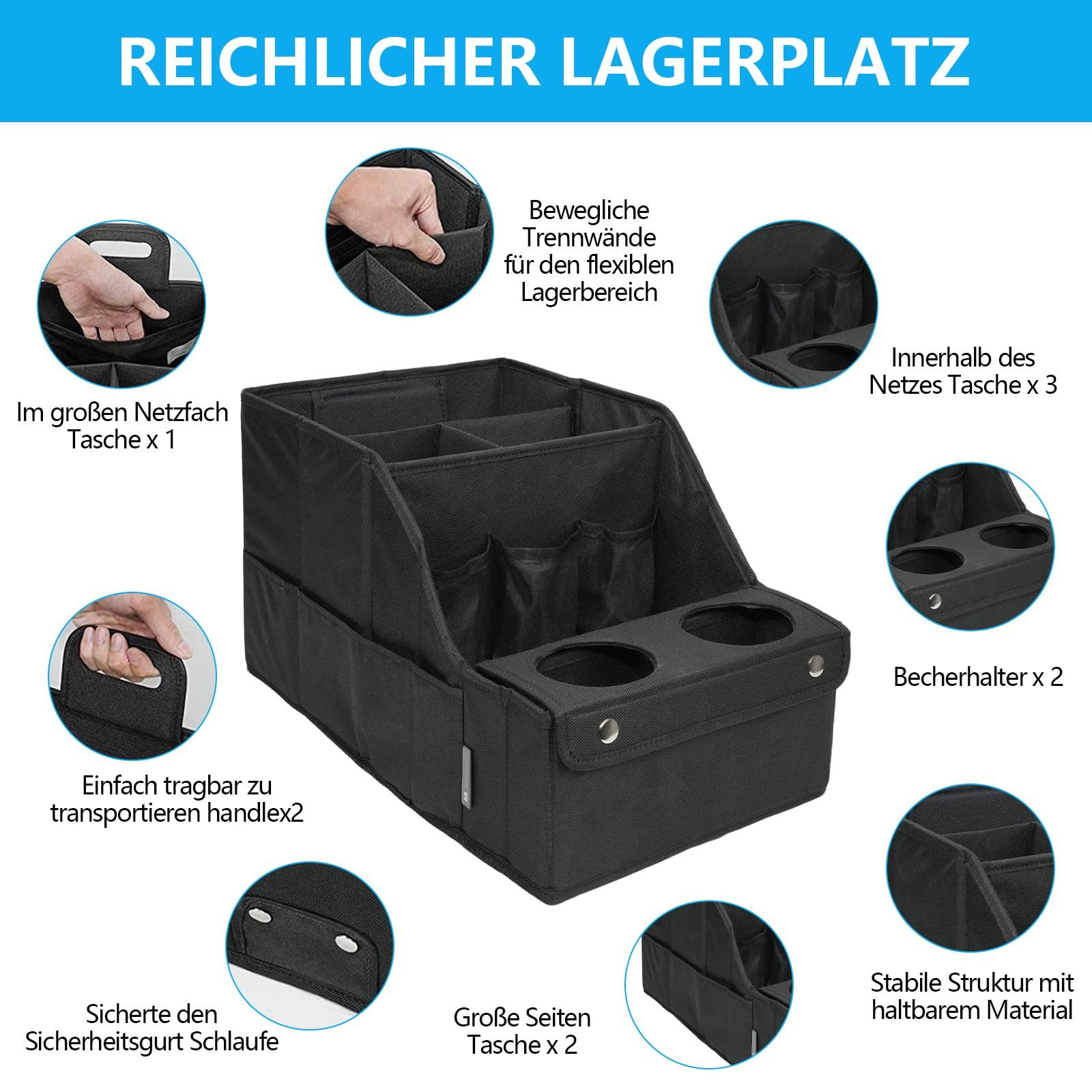 Kityhome Klappbox Faltbarer Auto-Organizer für Rücksitz – Staufächer, Becherhalter, Faltbares Design,Wasserabweisend,Sicherheitsgurt-Befestigung