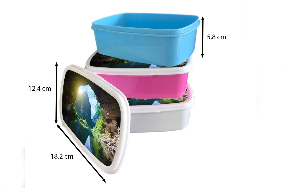 Brotbox für Kinder und weiß Sonne Wasser - Natur Jungs Lunchbox Mädchen MuchoWow für Kunststoff, - Höhle Pflanzen, - Erwachsene, Brotdose, und (2-tlg), -